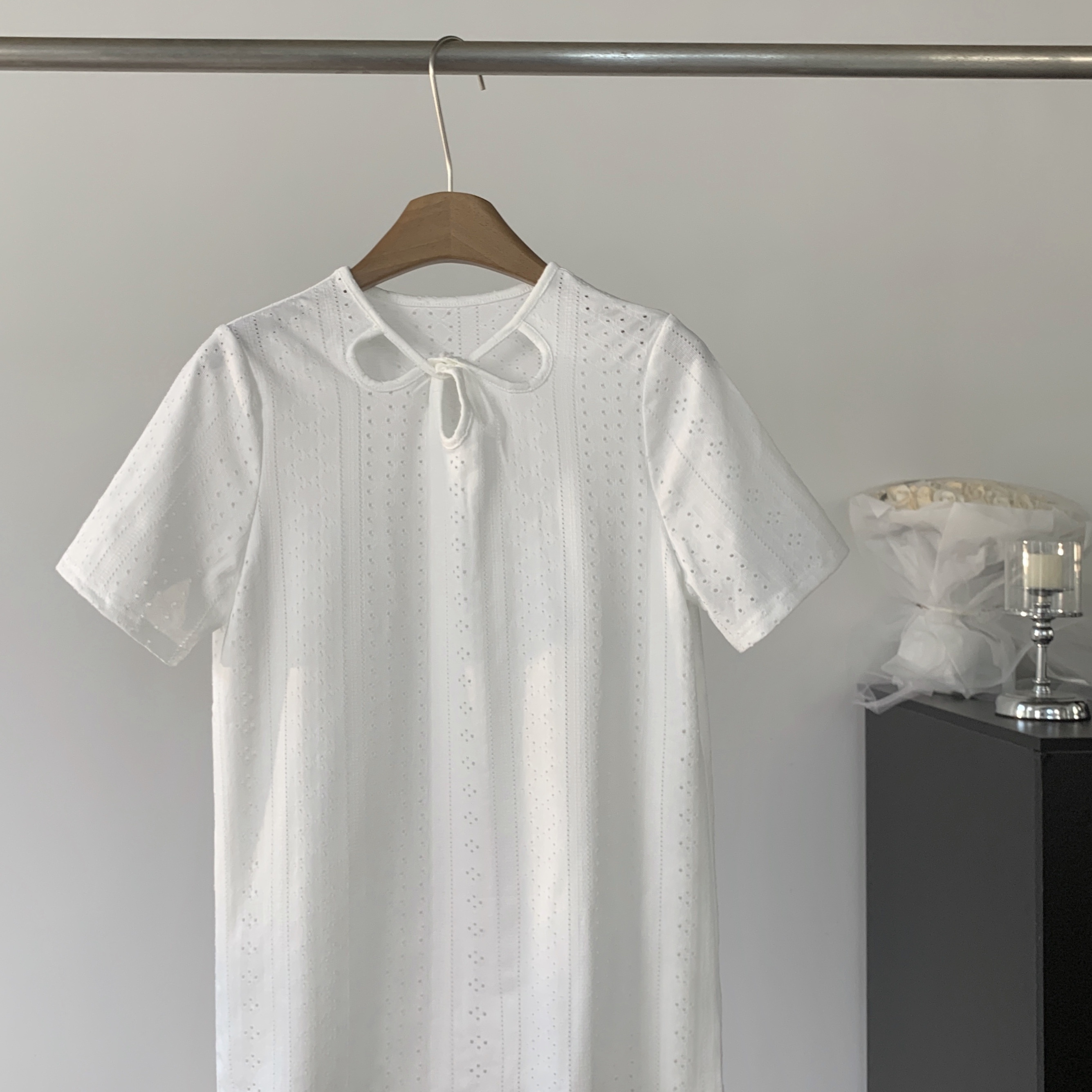 

Solid Eyelet Loose T-shirt, Versatile Cut Out Short Sleeve Top For Spring & Summer, Women's Clothing