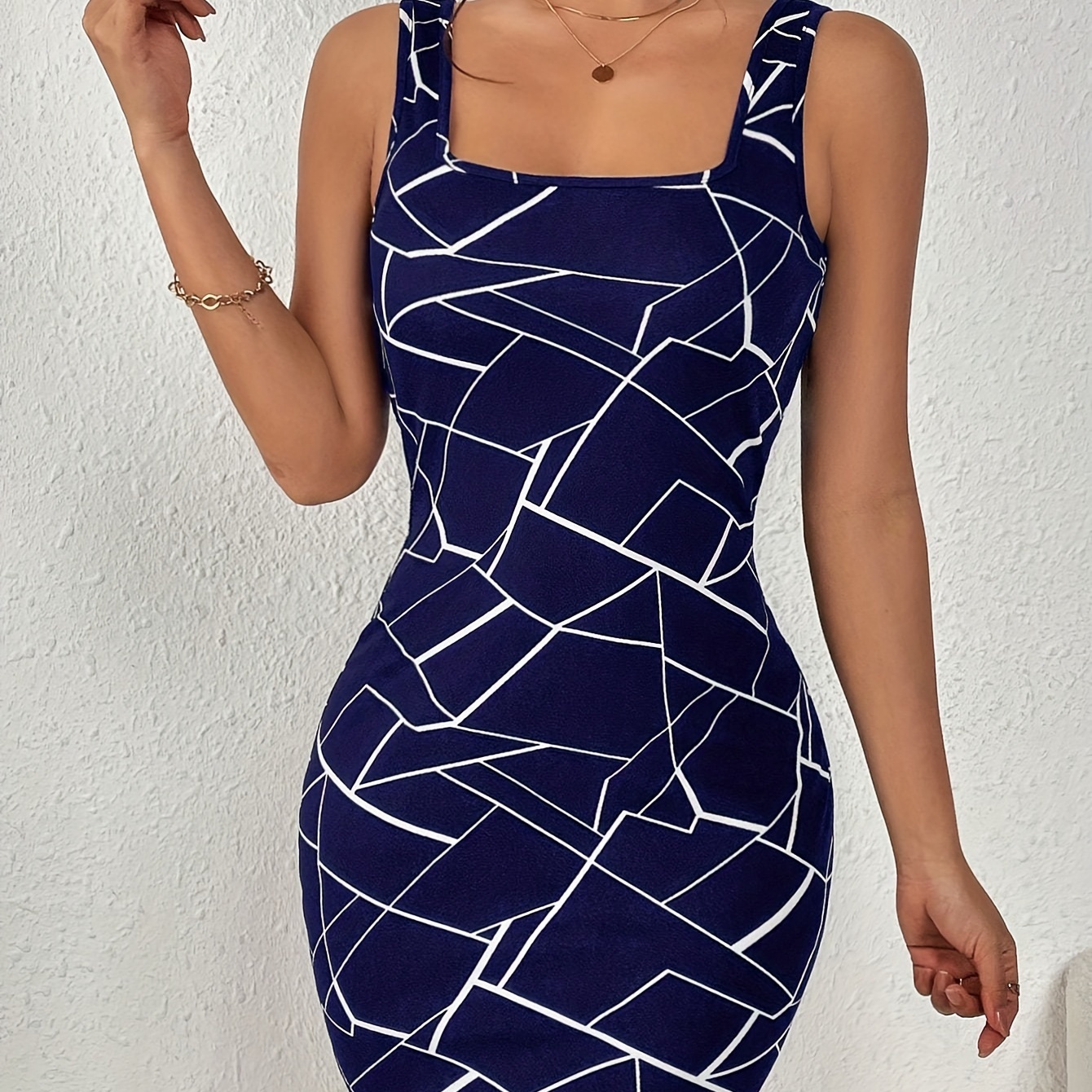 

Geo Print Square Neck Tank Dress, Elegant Sleeveless Bodycon Mini Dress For Summer & Spring, Women's Clothing