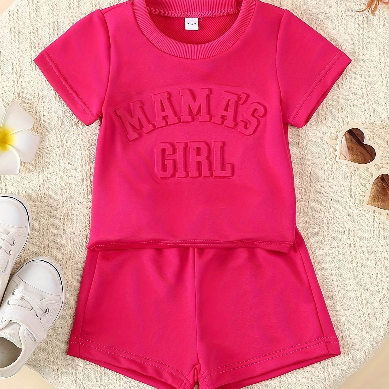 

Baby's "mama's Girl" Jacquard 2pcs Summer Outfit, Solid Color T-shirt & Shorts Set, Toddler & Infant Girl's Clothes