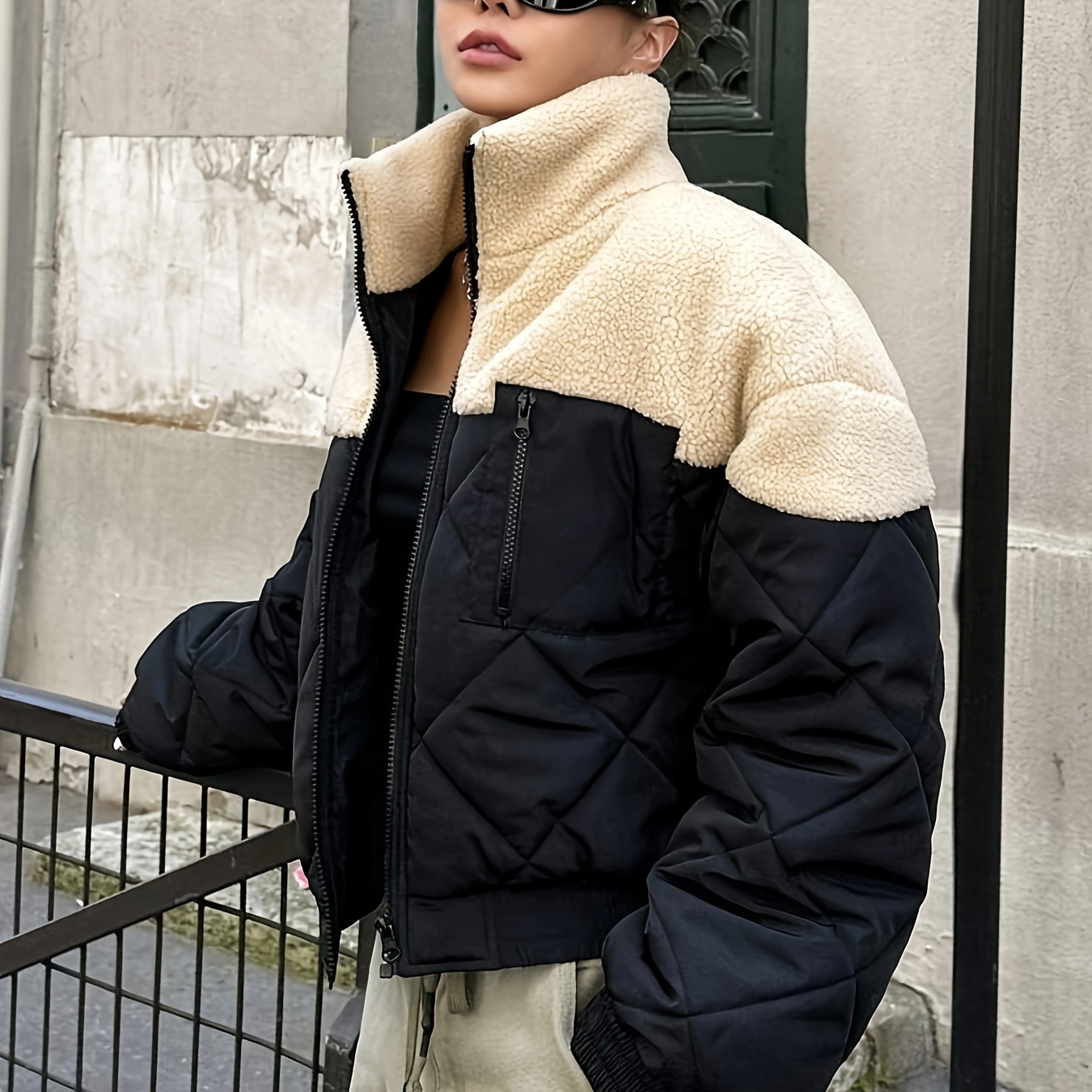 

Manteau zippé à de couleurs, manteau polyvalent à col épais à manches longues pour l'hiver, vêtements pour femmes