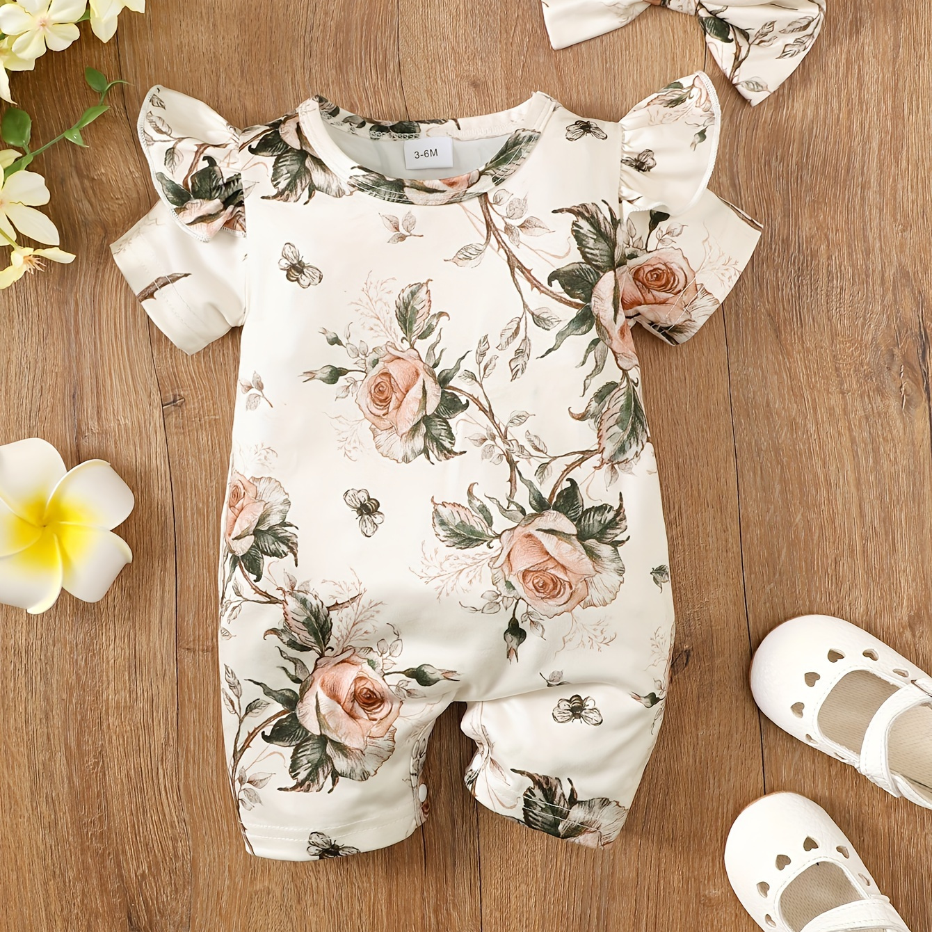 

Infant's Vintage Style Floral Print Bodysuit, Ruffle Decor Short Sleeve Onesie, Baby Girl's Clothing