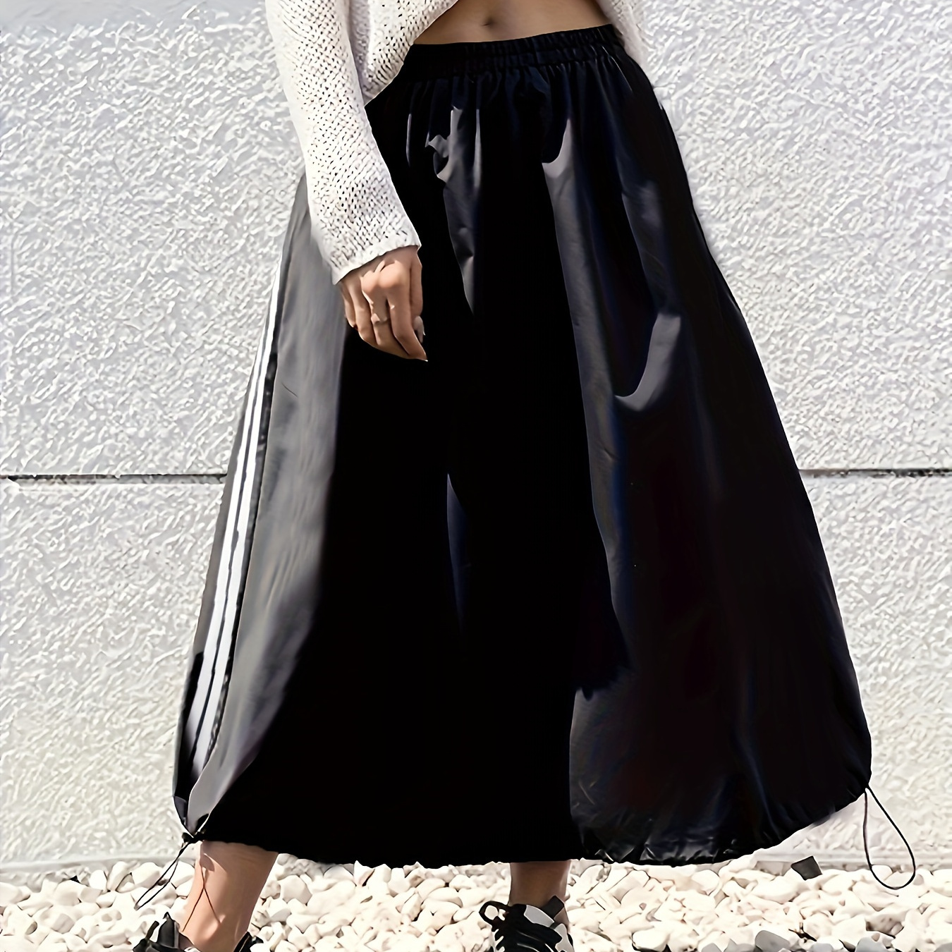 

Contrast Trim Elastic Waist Skirt, Casual Drawstring Midi Skirt, Women's Clothing