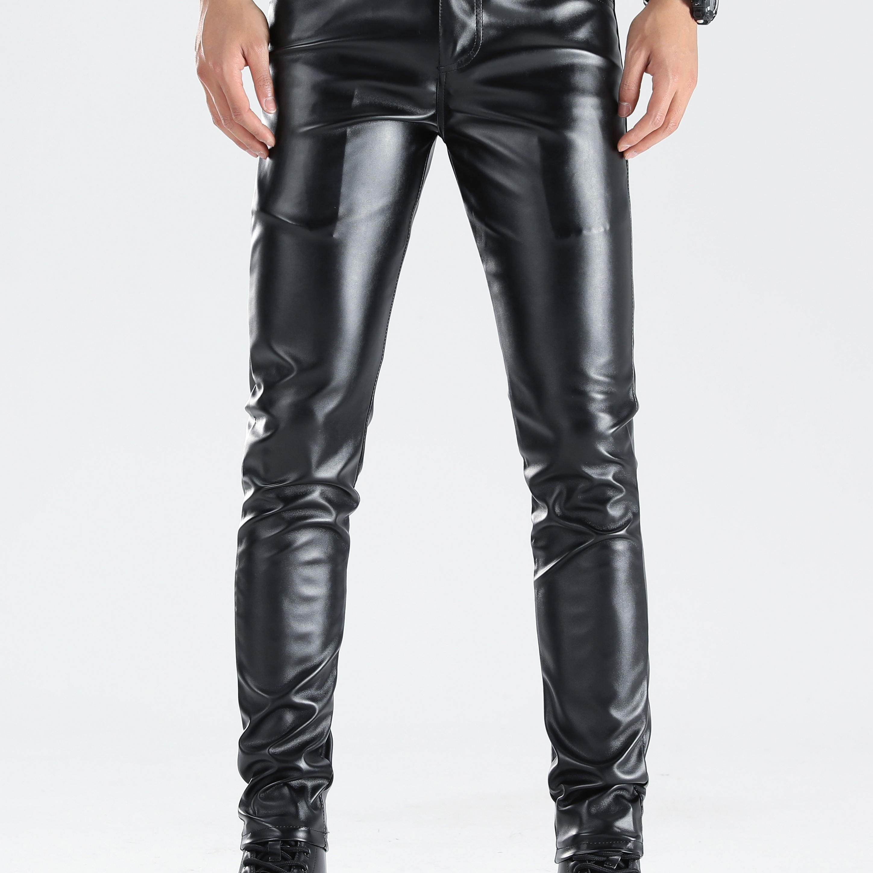 

Men's Chic Pu Pants, Casual Slim Fit Medium Stretch Faux Leather Biker Pants For Spring Fall K-pop