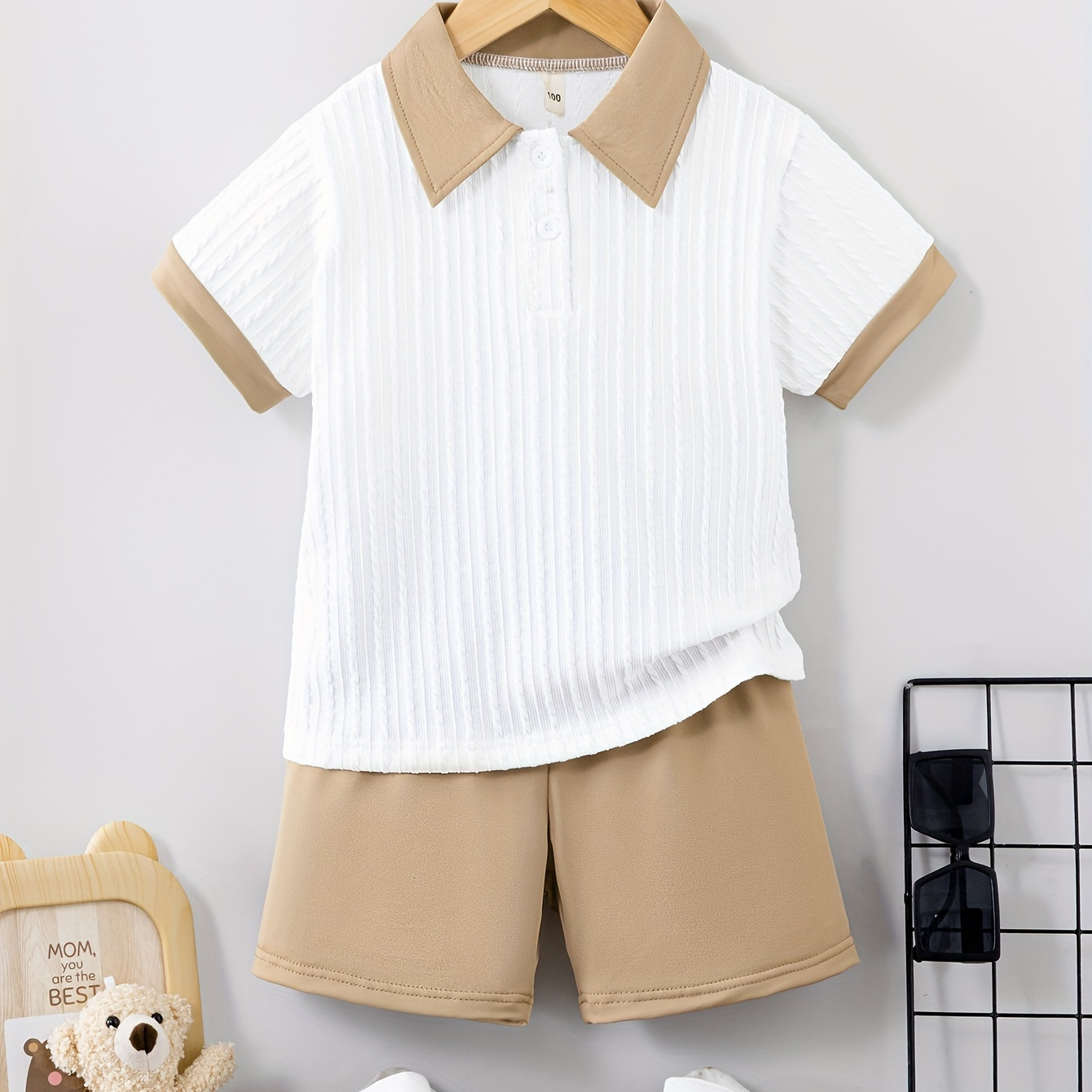 

2pcs Boys Casual Solid Short Sleeve Lapel Top & Shorts Set, Comfy Summer Boys Clothes