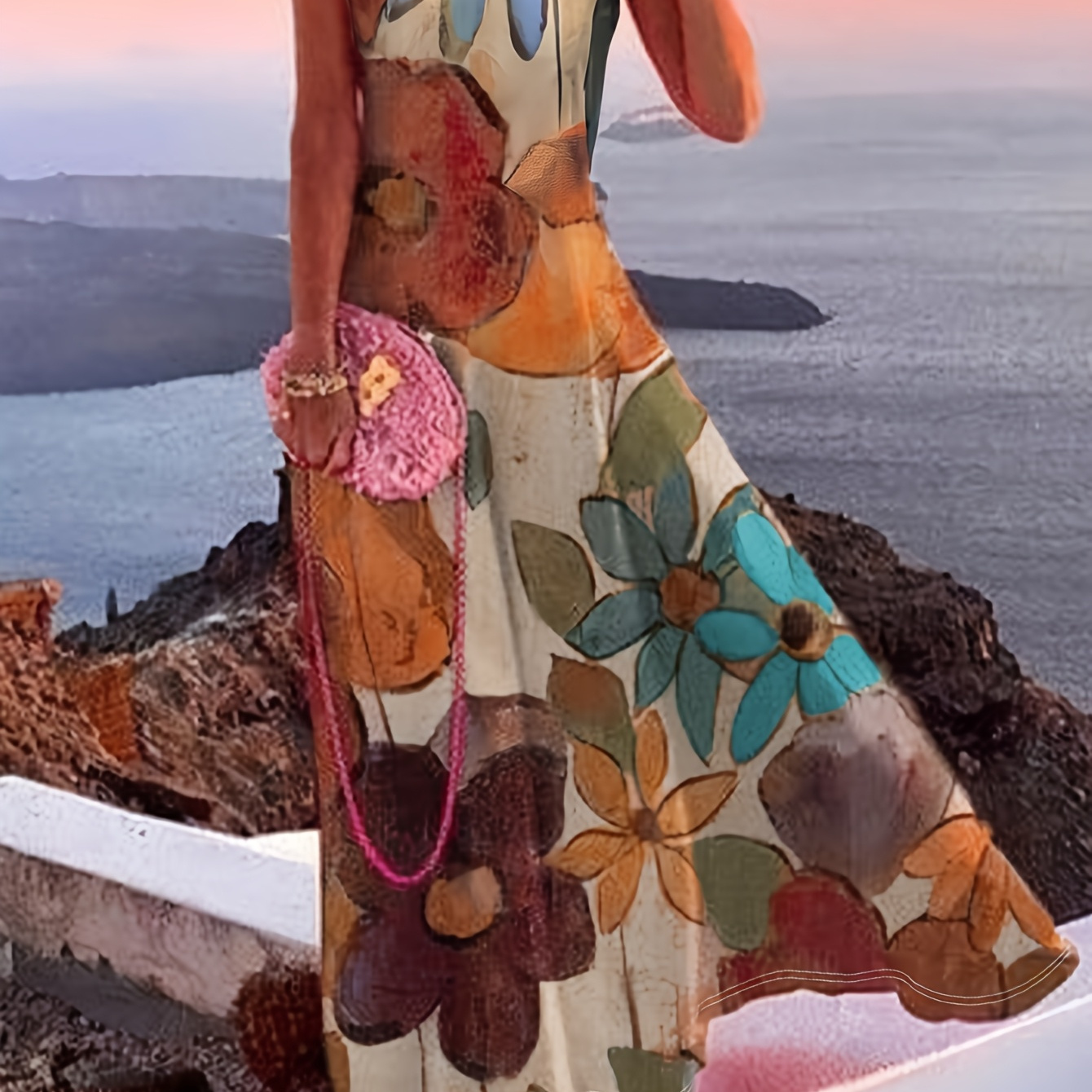 

Floral Print V-neck Maxi Dress For Women, Polyester Knit Fabric With Elastane, Peplum Design, For Spring/summer/fall