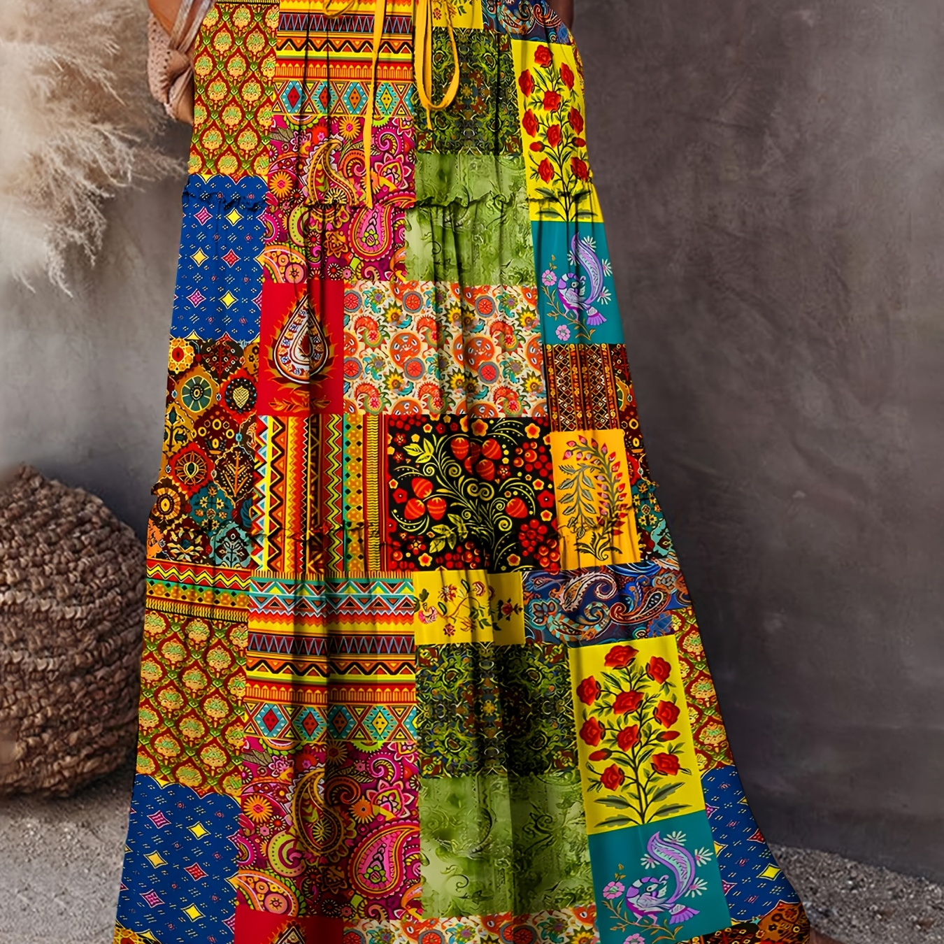 

1pc Bohemian Style Women's Maxi Skirt, 2024 Spring/summer Collection, 100% Polyester, Geometric-patterned, Casual Long Skirt With Detail And Patchwork Design, Woven Fabric