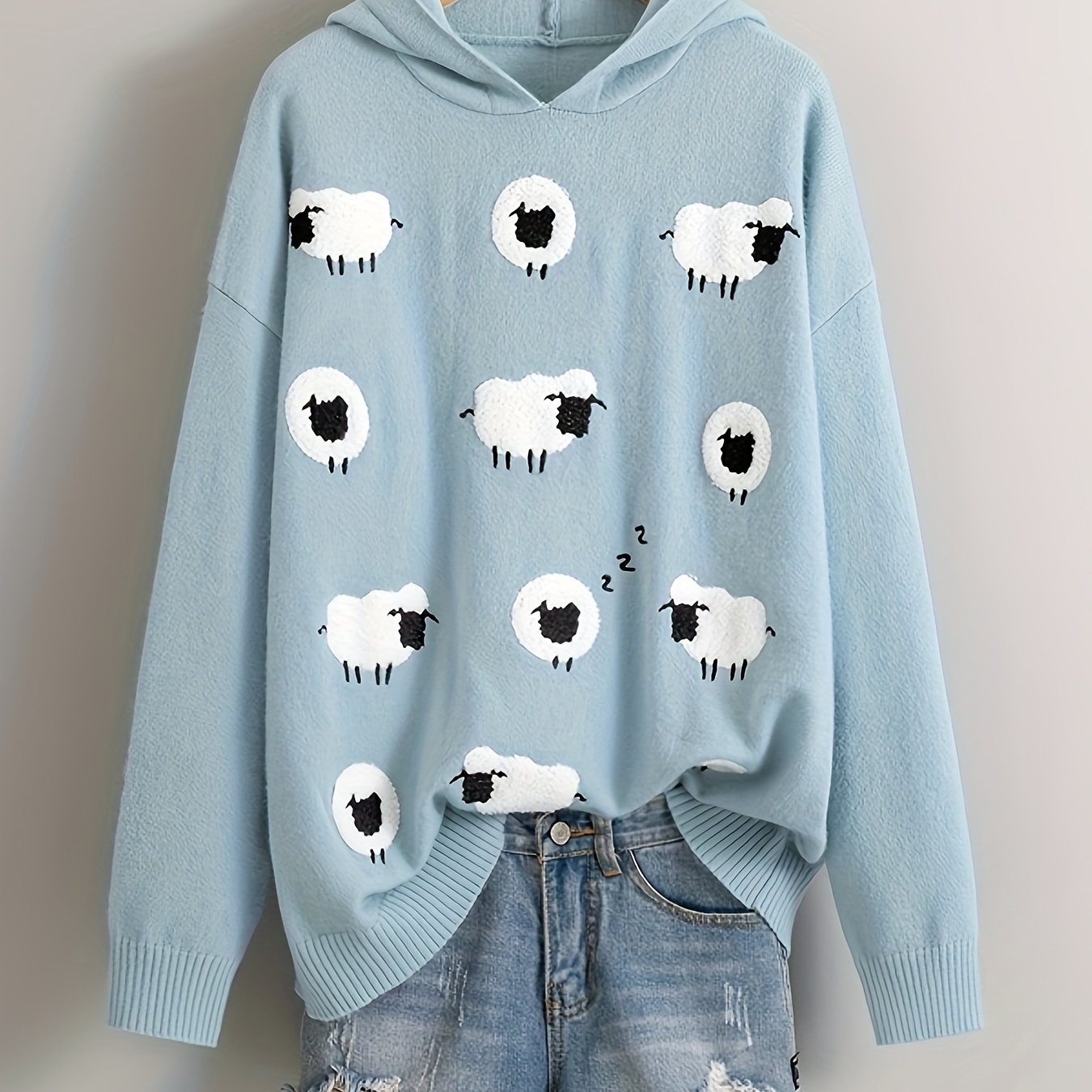 

Size Embroidered Sheep Sweater With Matching Hat - Casual Long Sleeve, Round Neck Knit Top For Women - Fall/winter