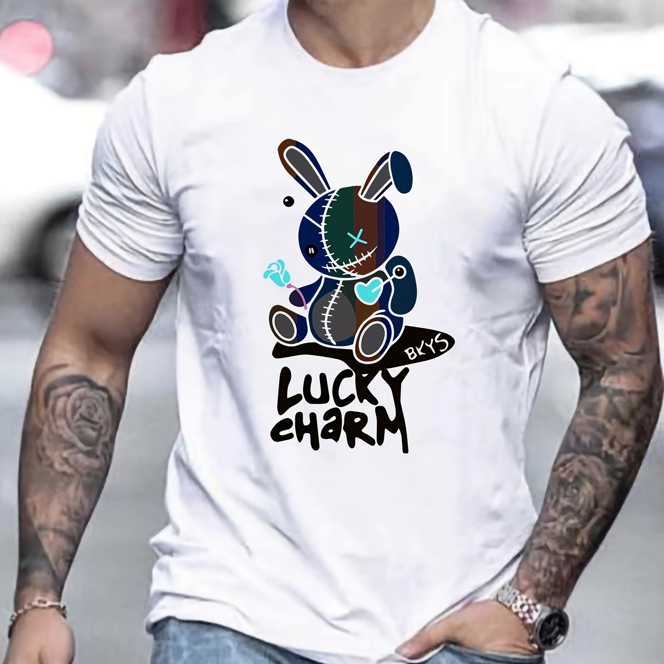 

Rabbit Doll Print Men's Short Sleeve T-shirts, Comfy Casual Elastic Crew Neck Tops For Men's Outdoor Activities