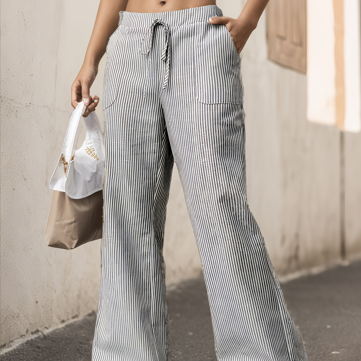 

Women's Striped Drawstring Wide-leg Pants, Casual Polyester Trousers With Pockets, Fashionable Spring/summer/autumn Long Pants For Adults