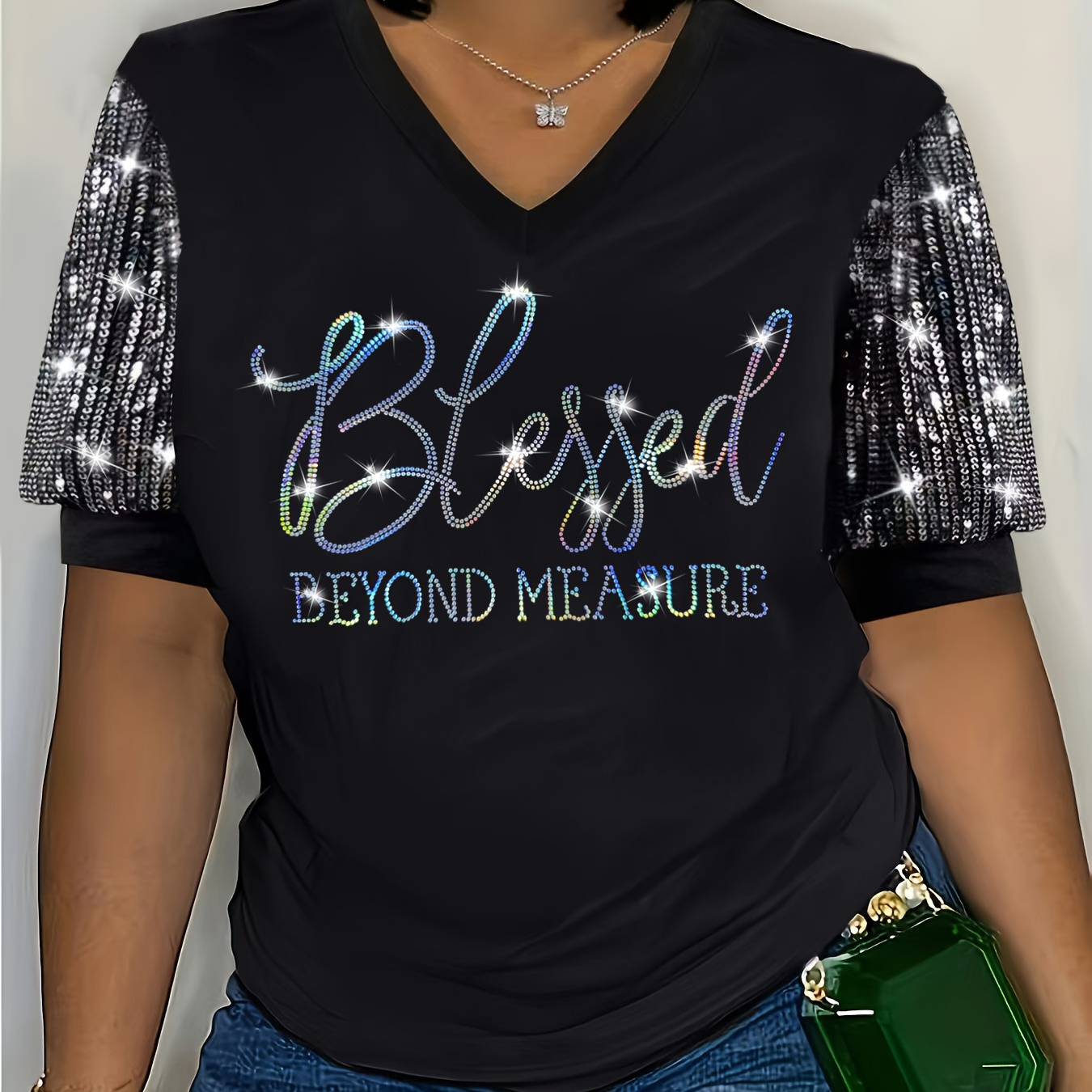 

Women's Plus Size Casual V-neck T-shirt With "blessed " Sequin Print, Short Sleeve, Knit Fabric, 92% Polyester 8% Elastane, Stretch, All Season Pullovers