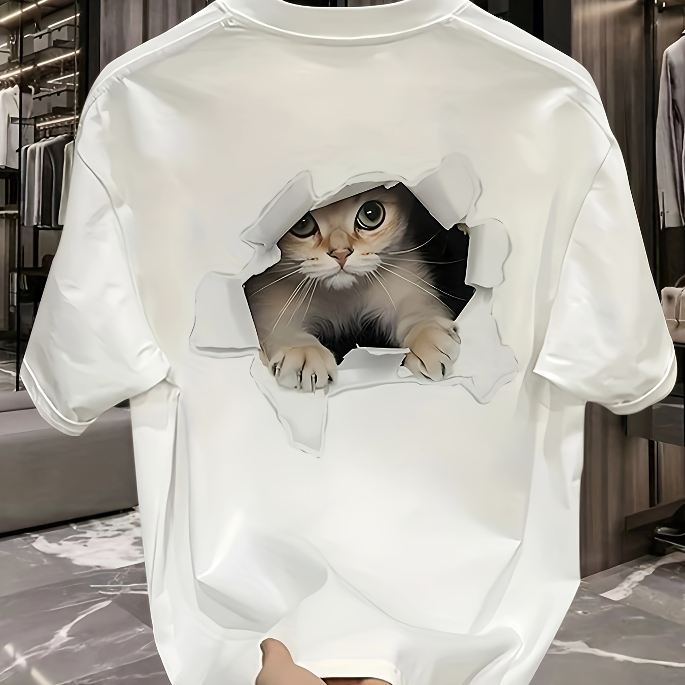 

Cat Print Crew Neck T-shirt, Short Sleeve Casual Top For Spring & Summer, Women's Clothing