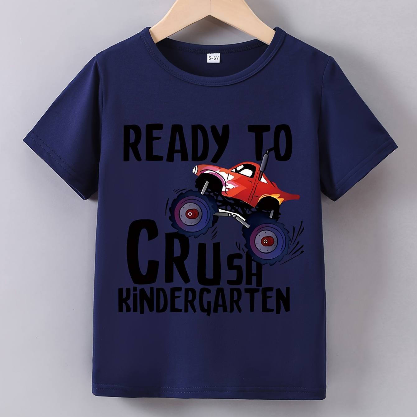 

Ready To Crush Kindergarten Truck Innovative Graphic Print Casual Short Sleeve T-shirt For Boys, Cool Comfy Versatile Trendy Tee Boys Summer Outfits Clothes