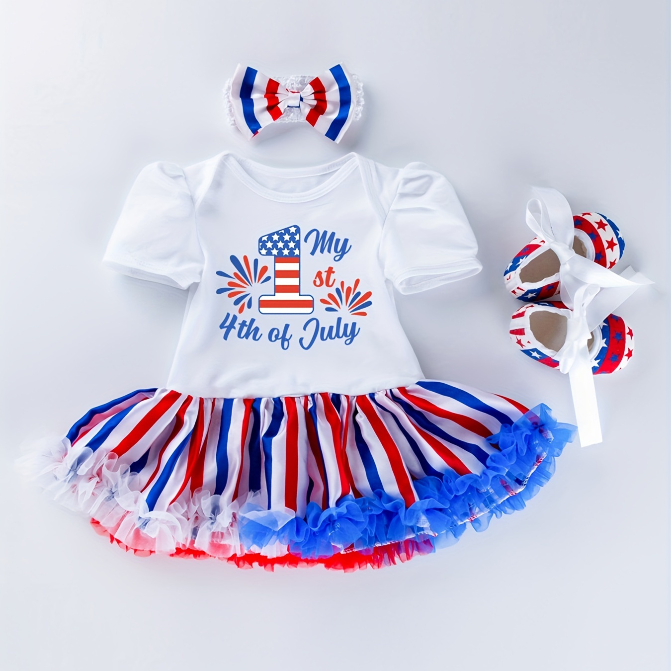 

Baby Girls Cute "my 1st 4th Of July" Short Sleeve Mesh Onesie Dress & Headband & Shoes Set Clothes For Independence Day