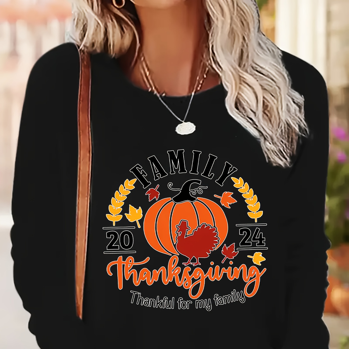 

Women's Thanksgiving Themed Long Sleeve T-shirt, Polyester, Casual Round Neck, Letter Print, Regular Fit, All , Knit Fabric With Applique Detail