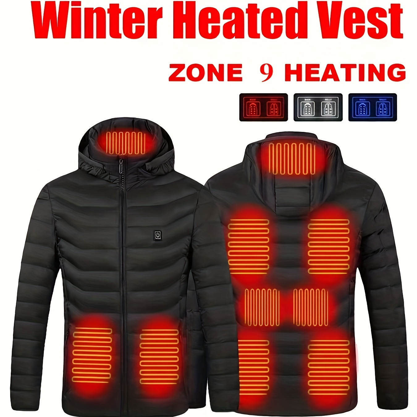 

9 Zone Heated Hooded Cotton-padded Jacket, Lightweight Zipper Coat, Casual Outdoor Wear For Winter, Power Bank Not Included