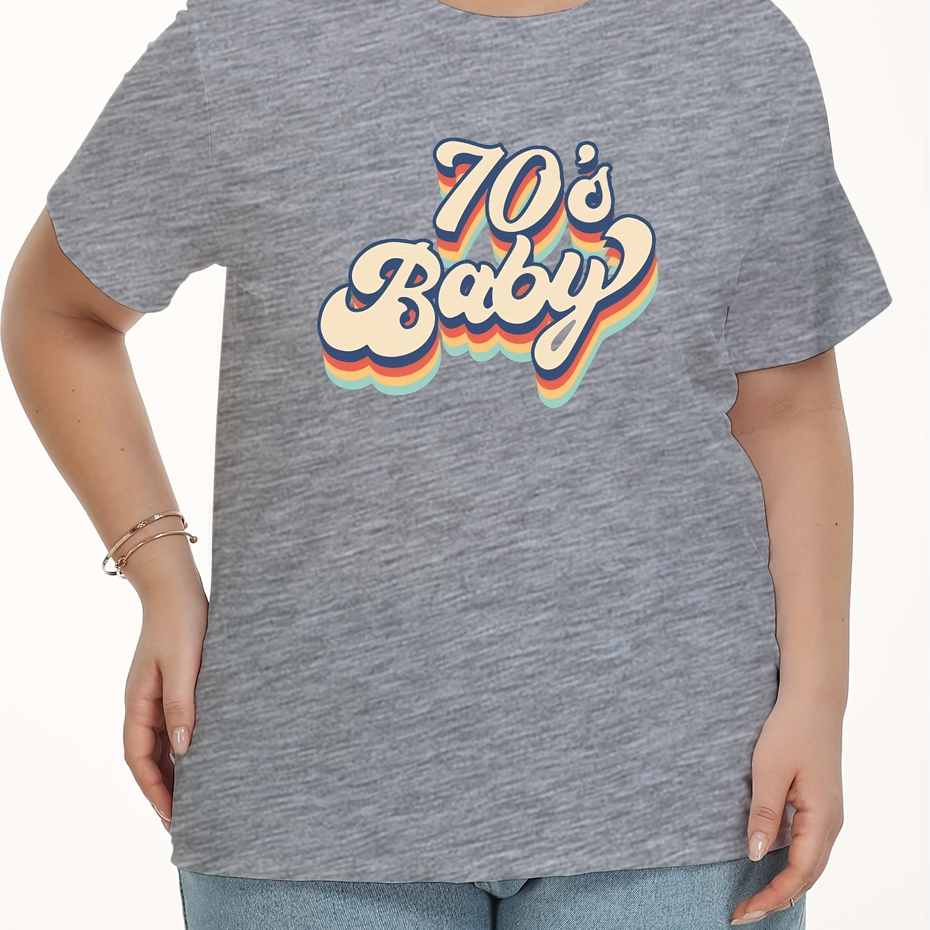 

Plus Size Casual T-shirt, Women's Plus '70s Baby' Letter Print Short Sleeve Round Neck Medium Stretch T-shirt