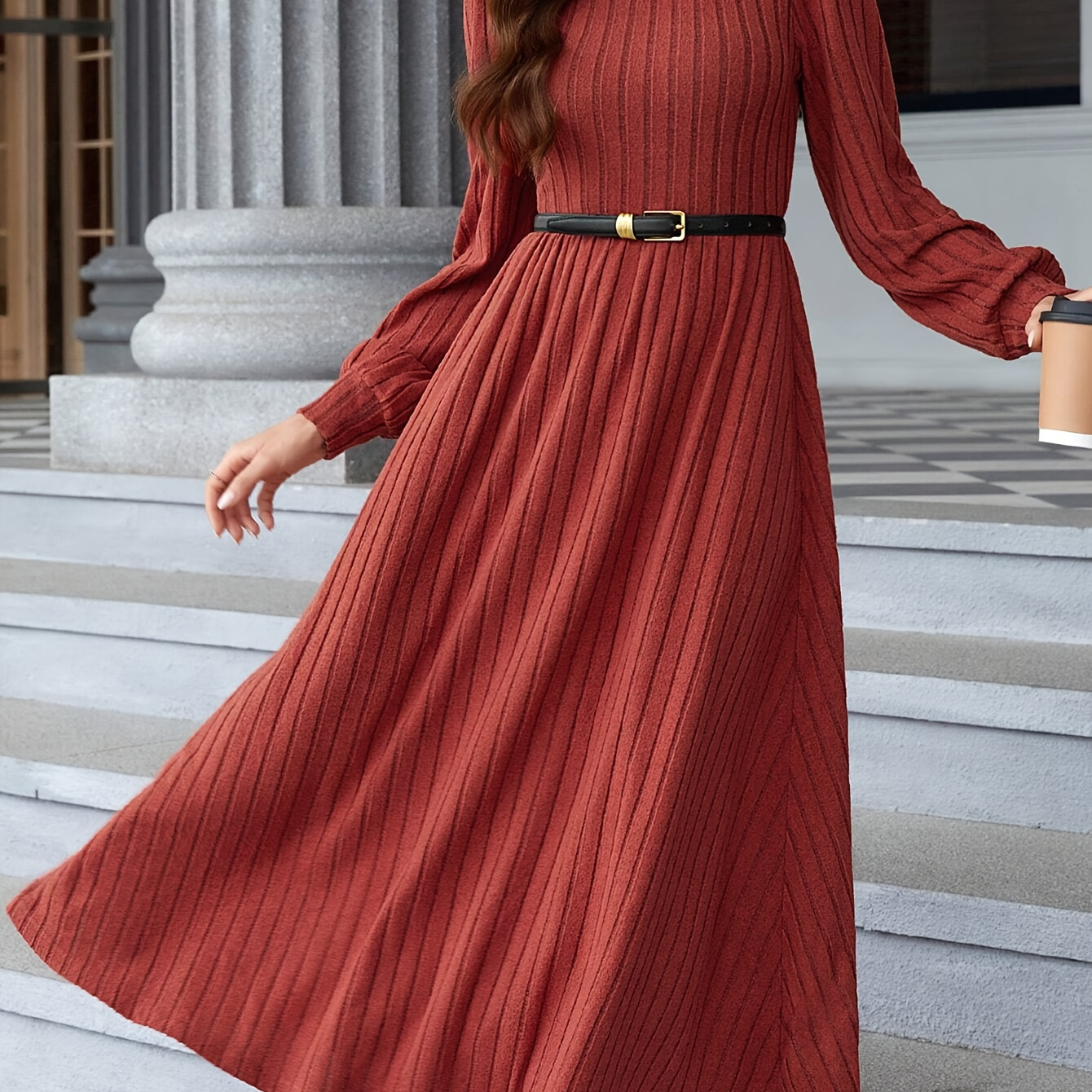 

Women's Plus Size Long Sleeve Ribbed Knit Dress, Solid Color Round Neck Casual Winter Dress, Polyester Blend, Stretchy Fabric, Loose Fit Skirt, Knit Construction