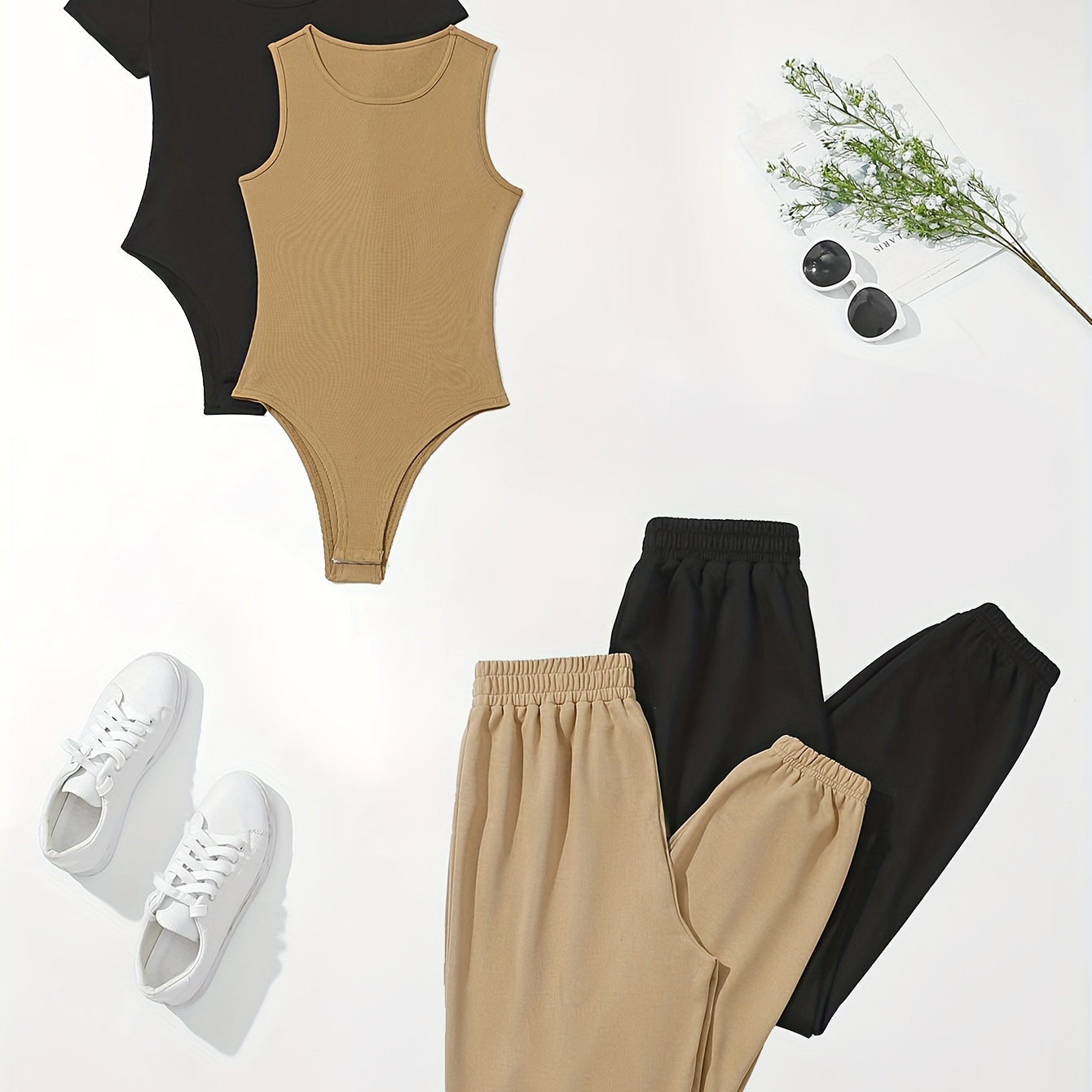 

Solid Color Pants Set 2 Pack, Versatile Simple Slim Bodysuit & Elastic Waist Jogger Pants, Women's Clothing