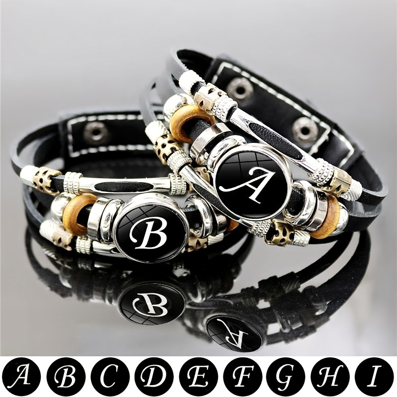 

1pc Multilayer Braided Bangle Punk Style A-z Bangle With 26 Alphabet Leather Bracelets With Identification Name For Men And Women