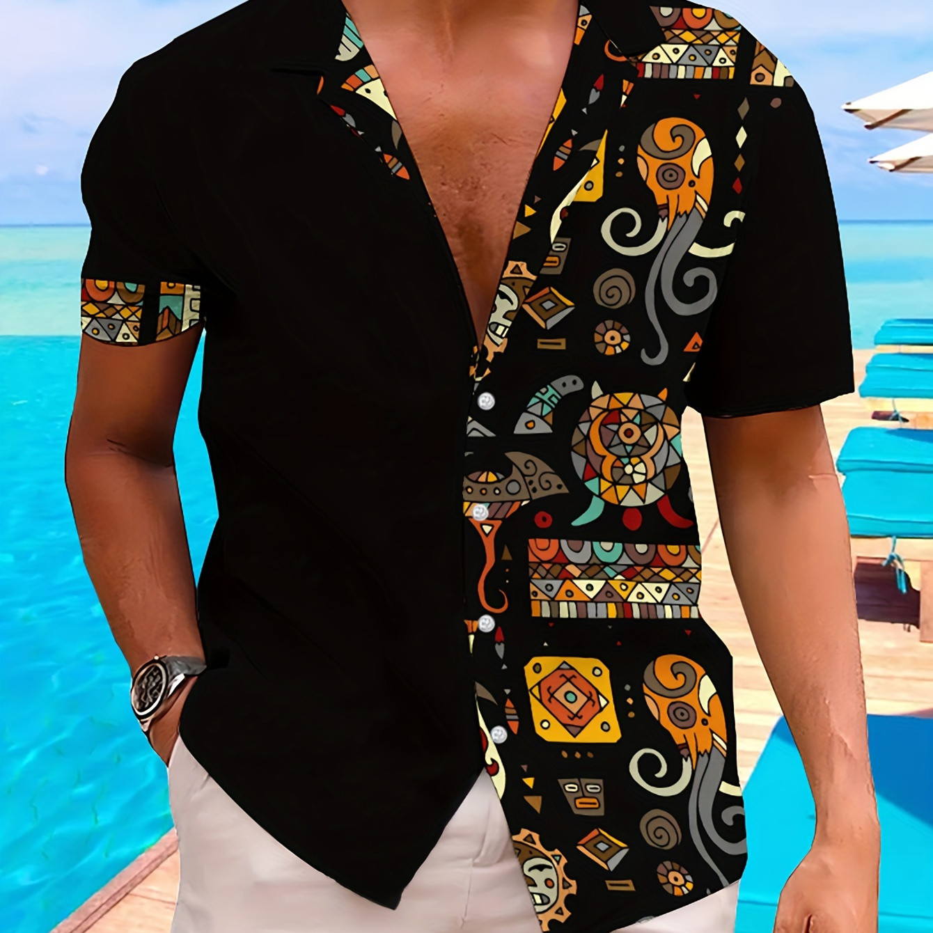 

Men's Ethnic Pattern Splicing Short Sleeve Lapel Shirt For Summer, Casual Comfy Tops As Gift