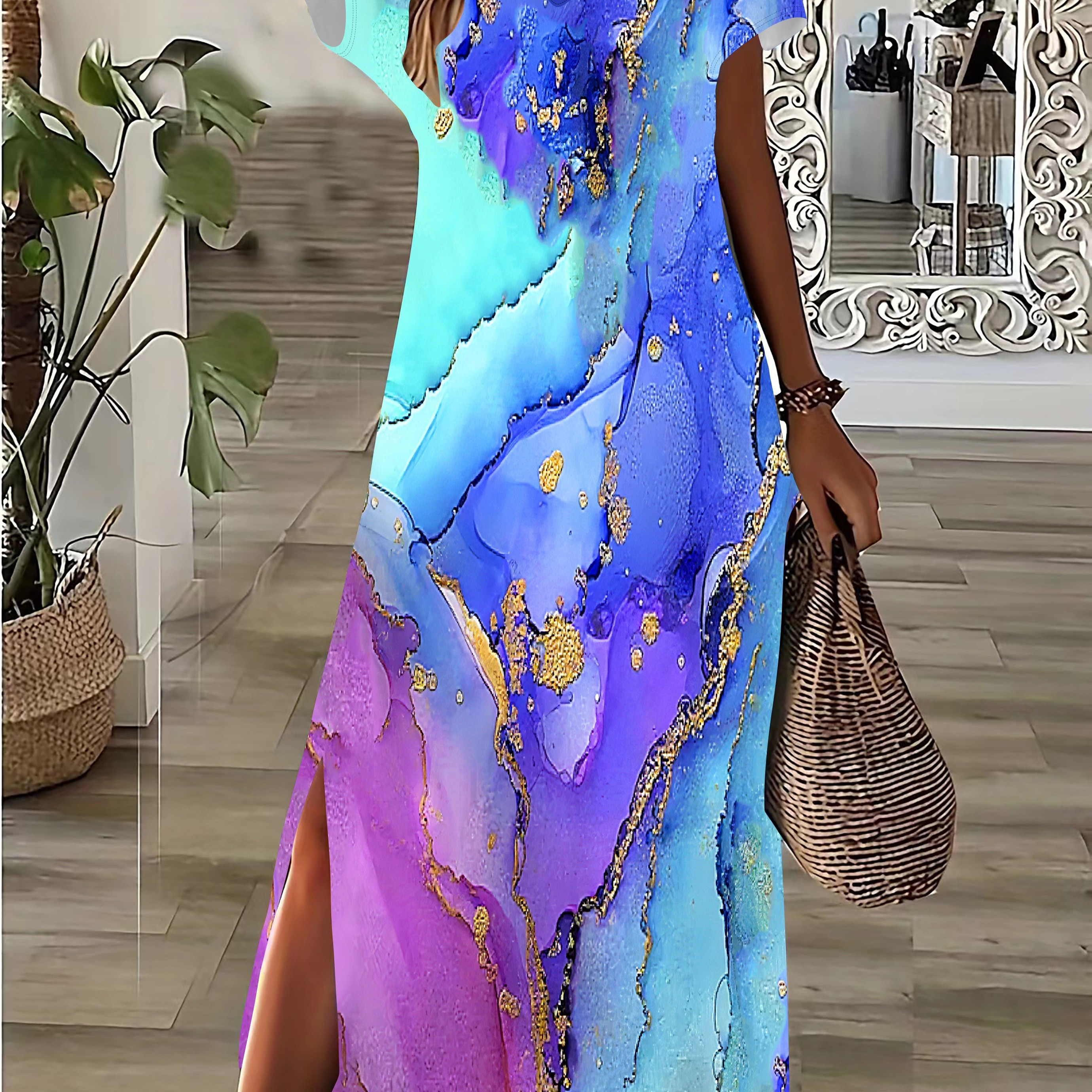 

Colorblock Split Hem V Neck Dress, Casual Short Sleeve Dress For Spring & Summer, Women's Clothing