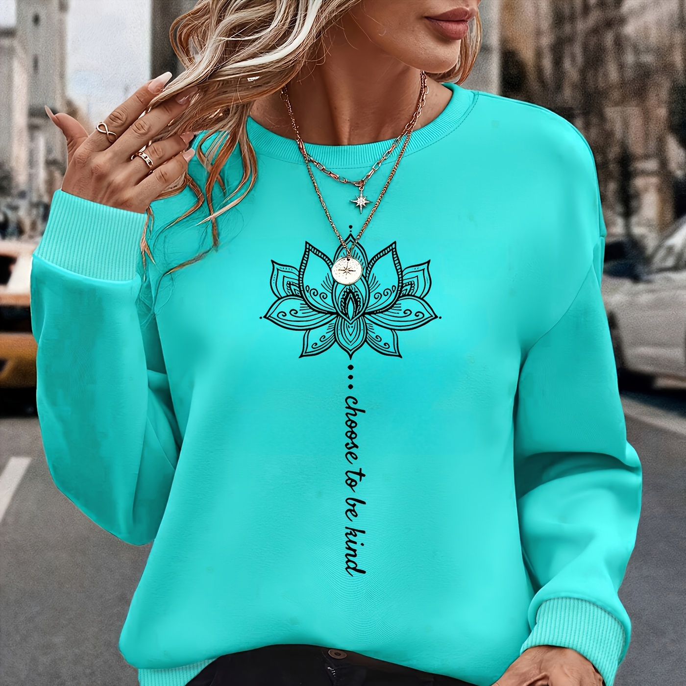 

For Lotus & Letter Long Sweatshirt For - , Washable