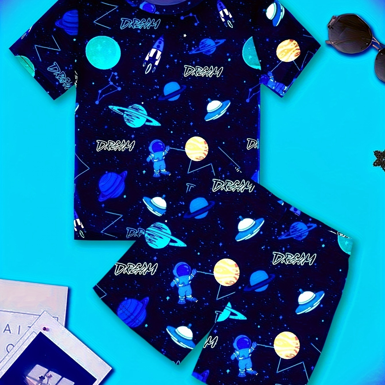

2 Pcs Boy's Cool Fluorescent Galaxy Astronaut Print Short Sleeve T-shirts & Shorts Pajama Set, Comfortable & Skin-friendly Style Pajamas For Boy's Cozy Loungewear