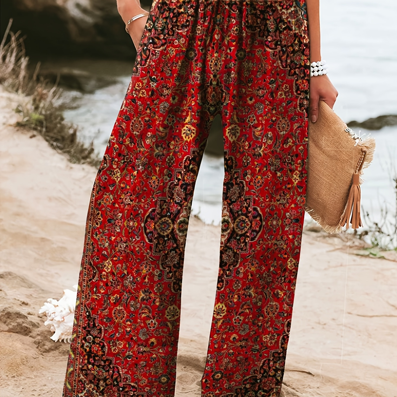 

-chic Women's Wide-leg Pants With Pockets - Vintage Floral Print, Waistband, Spring/summer