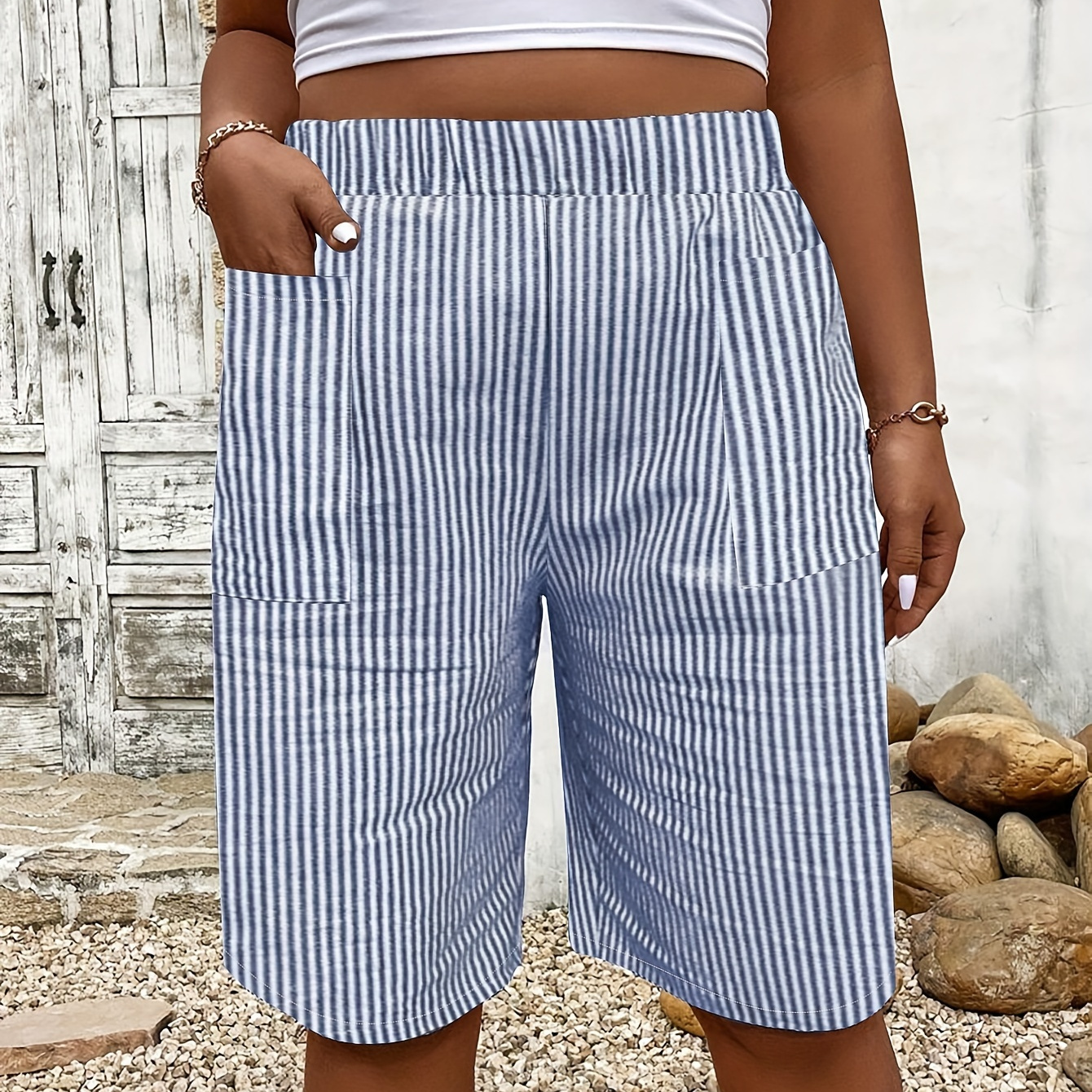 

Stripe Print High Waist Shorts, Casual Elastic Waist Pockets Shorts For Spring & Summer, Women's Clothing