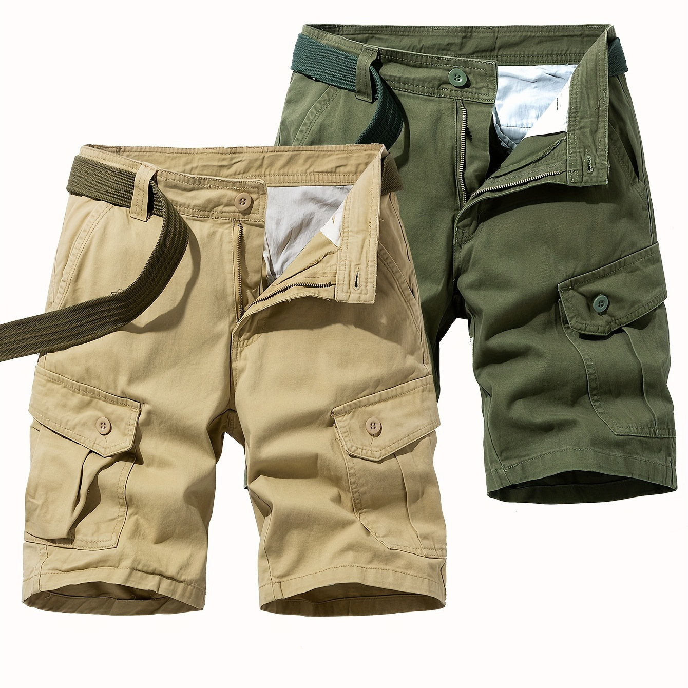 

2 Pcs Men's 100% Cotton Solid Cargo Shorts With Multi Pockets, Casual Shorts For Summer