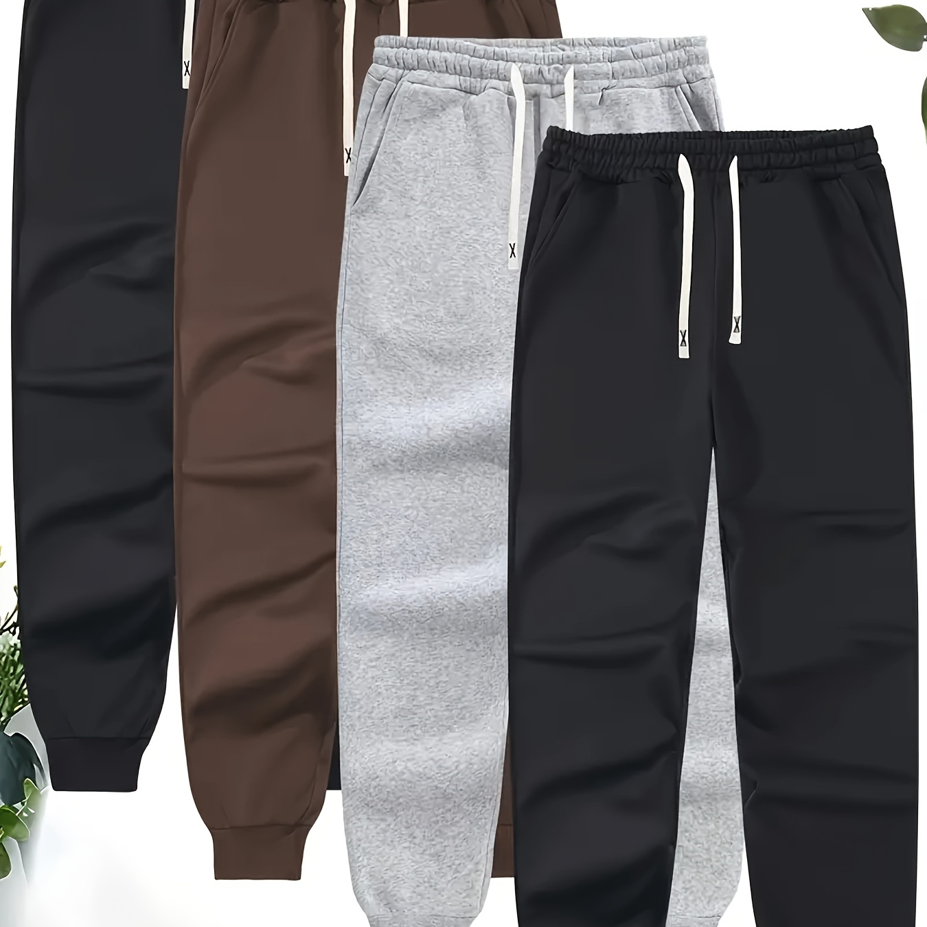 

4pcs Plus Size Men' Jogger Pants, Polyester Knit Fabric, Slight Stretch, Solid Color, Regular Fit, With Drawstring And Pockets, For Spring/fall Casual Running Pants