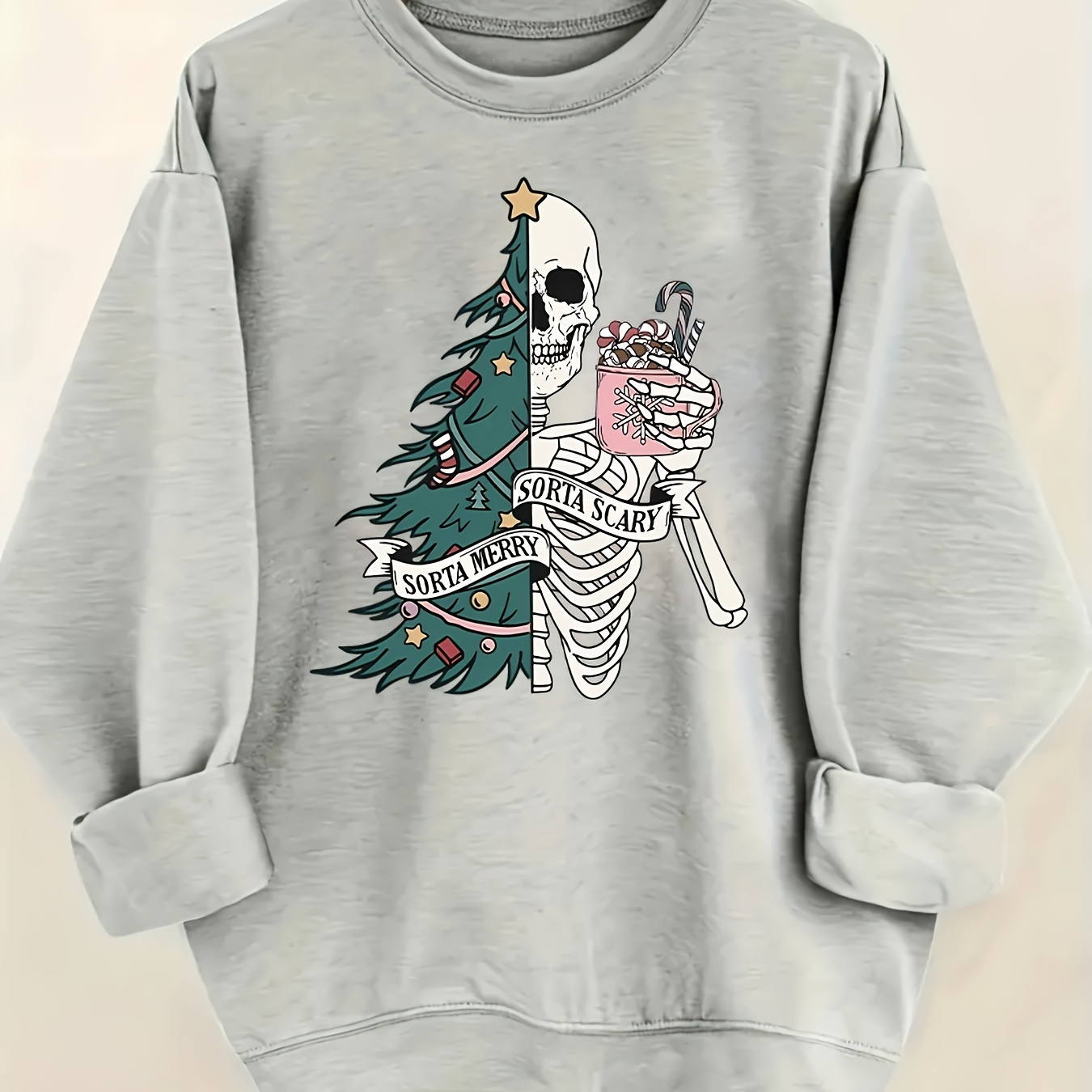 

Christmas - Skull Christmas Tree, Patterned Crew-neck Printed Long-sleeved Casual Hoodie, Fashion Women's Clothing