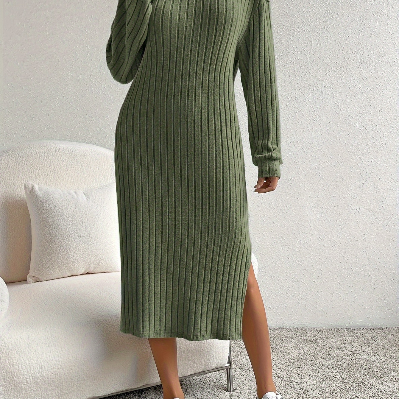 

Ribbed Crew Neck Plain Color Dress, Elegant Long Sleeve Split Hem Shift Dress For Spring & Fall, Women's Clothing