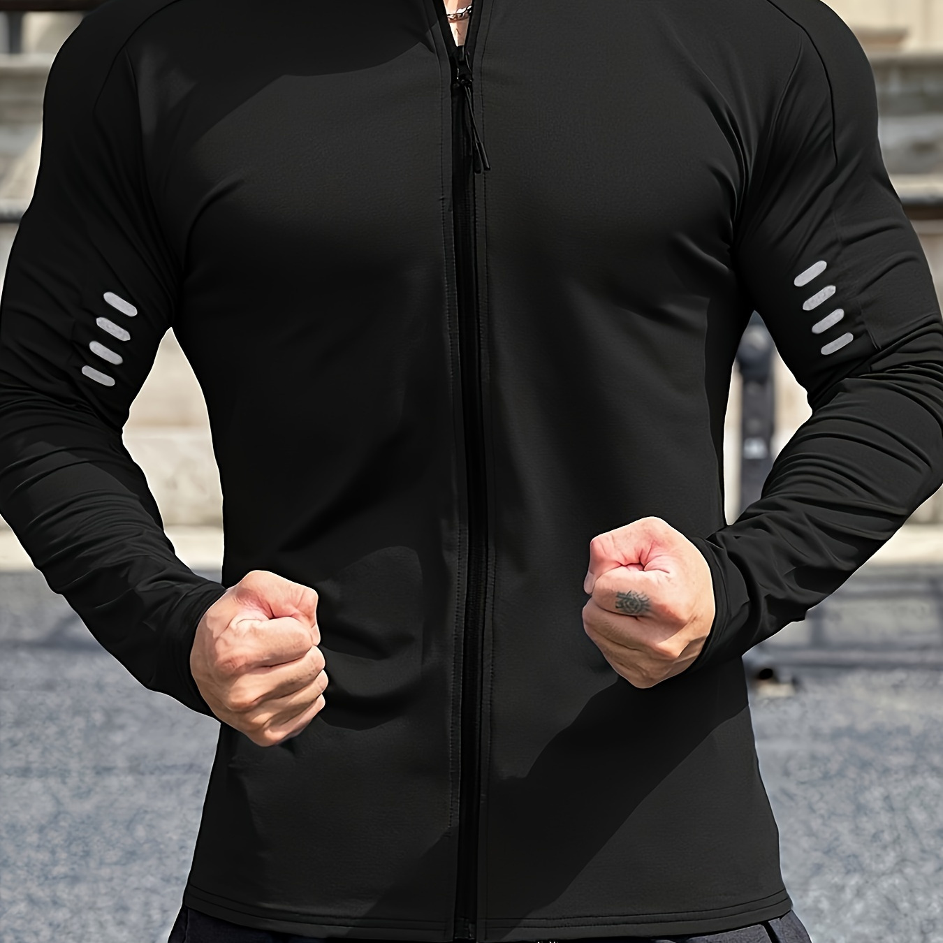 

Men's Sporty Style Zip Up Long Sleeve With Reflective Accents Basketball Training Shirt, Sun Protection Shirt Jacket, Quick Dry For Athletic Outdoor Activities