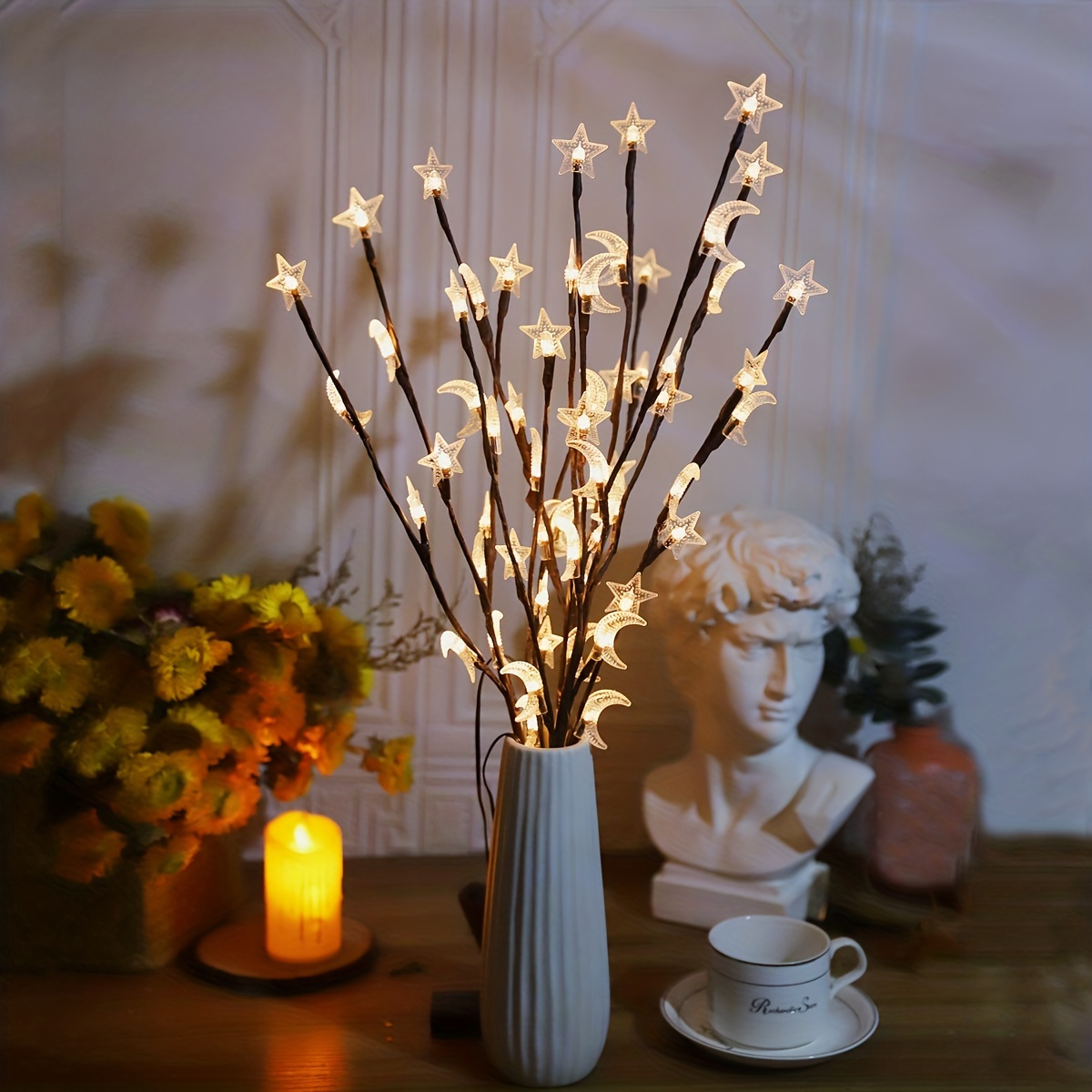 

1pc, 20 Led Star Moon Mixed Tree Branch Decoration Lights - Perfect For Weddings, Christmas, And Holiday Decorations (battery Included)