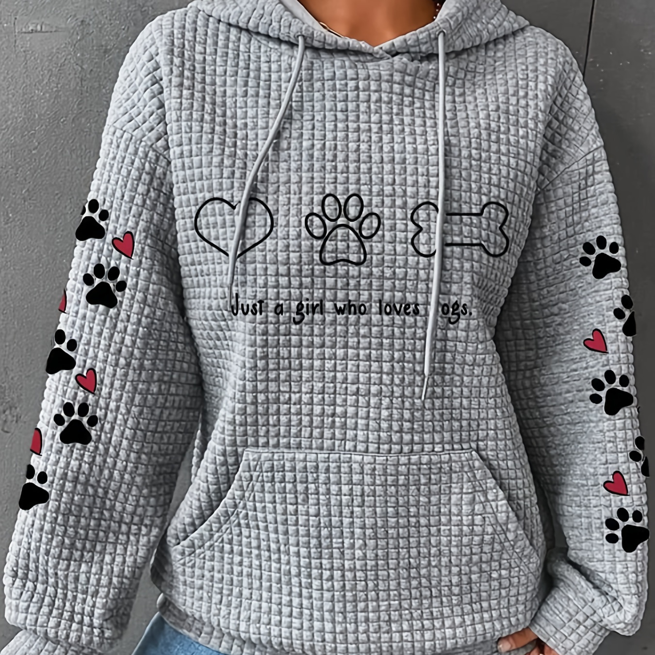 

Plus Size Heart & Paw Print Drawstring Waffle Hoodie, Casual Long Sleeve Sweatshirt For Fall & Winter, Women's Plus Size Clothing