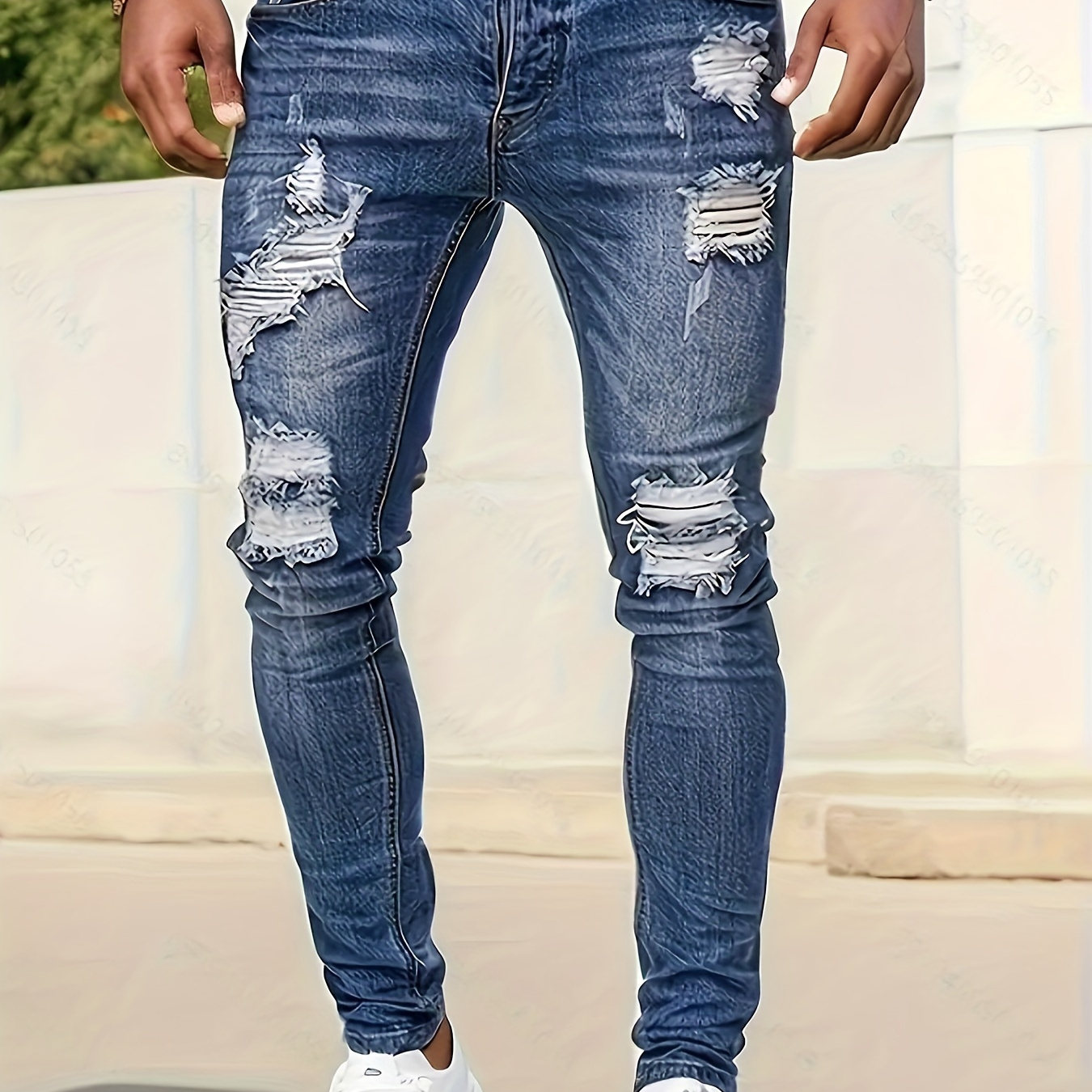 

Men's Slim-fit Stretch Denim Jeans With Distressed Ripped Detail - Blue, Wear