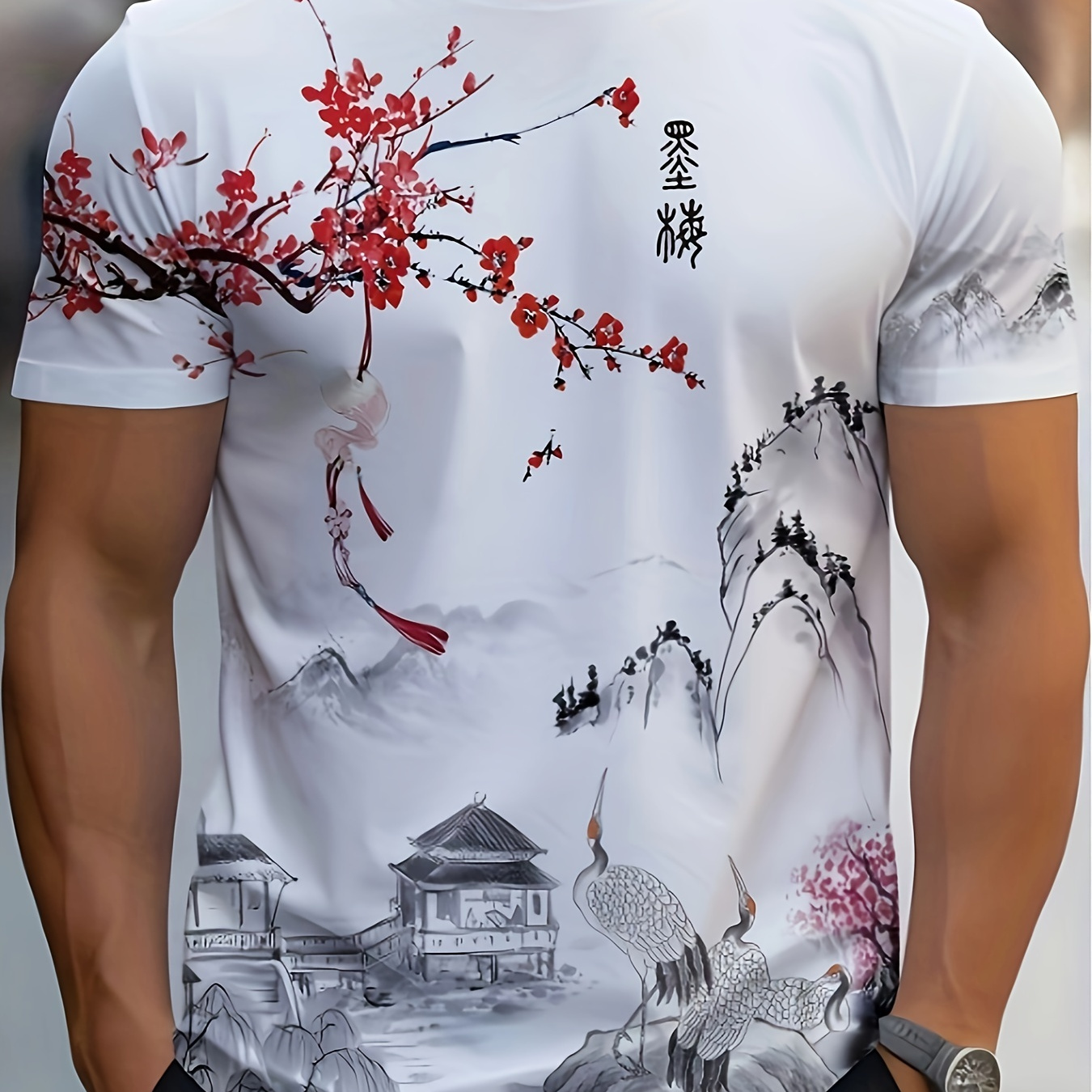 

Men's Casual Short Sleeve T-shirt, Traditional Ink Painting Design, Breathable And Fashionable With Stylish Landscape And Red Print