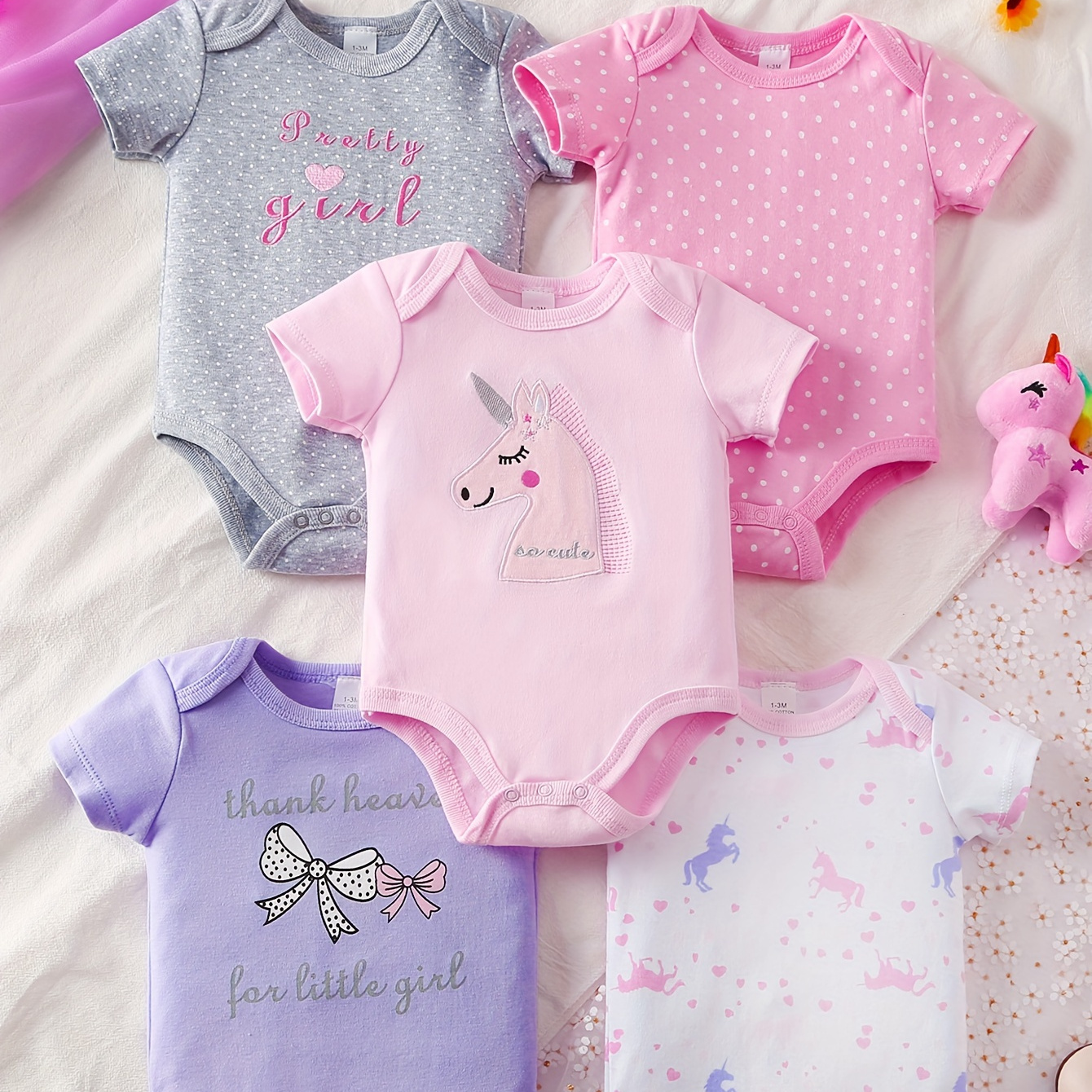 

5pcs 's Bodysuit, Unicorn & Bowknot & & Pattern, Toddler & Infant 's Set For Summer