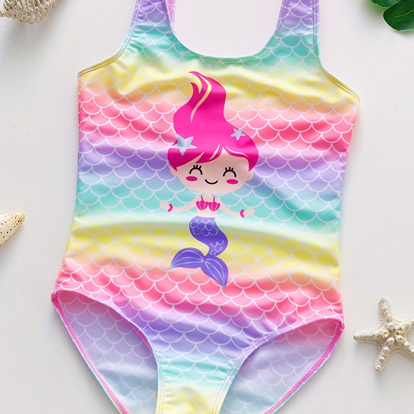 Toddler Girls Cartoon Mermaid And Fish Scales Graphic Gradient Color One Piece Swimsuit Kids Summer Beach Clothes Bathing Suits