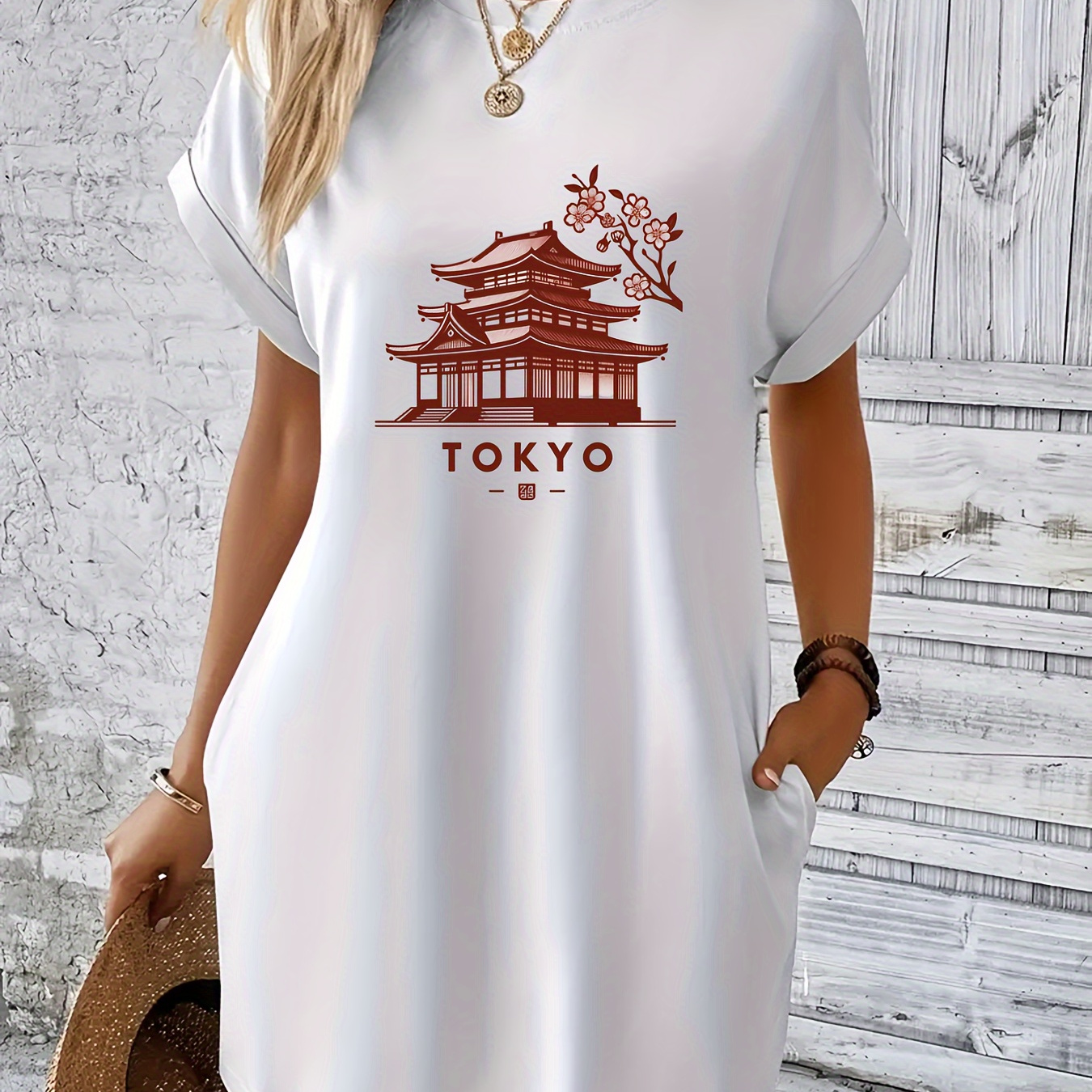 

Tokyo Print Tee Dress, Short Sleeve Crew Neck Casual Dress For Summer & Spring, Women's Clothing