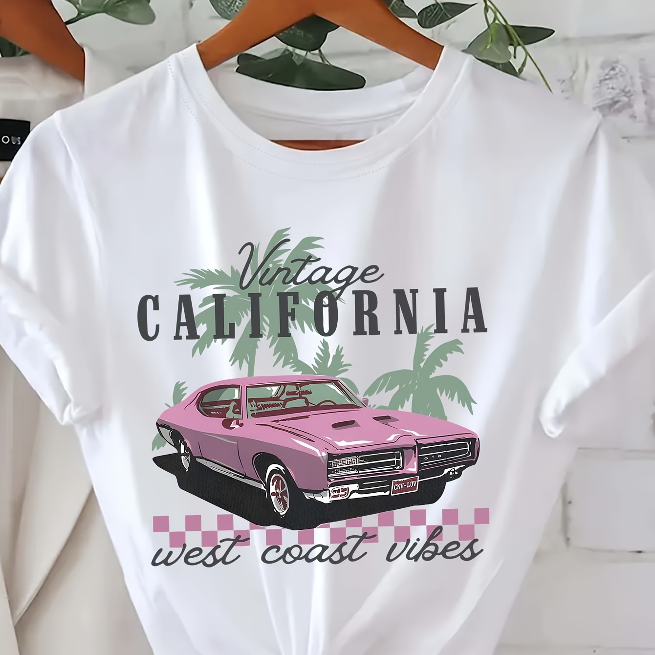 

Car Print T-shirt, Short Sleeve Crew Neck Casual Top For Summer & Spring, Women's Clothing