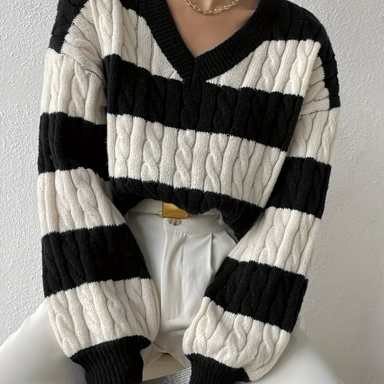 

Color Block Drop Shoulder Sweater, Casual Long Sleeve Sweater For Fall & Winter, Women's Clothing