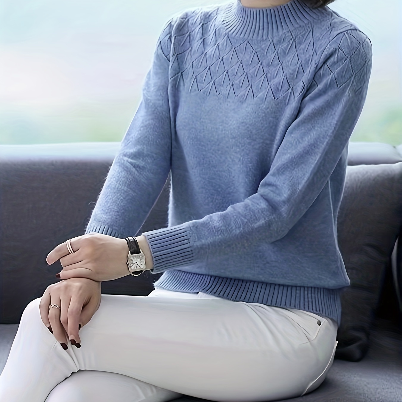 

Long Sleeve Mock Neck Sweater, Elegant Casual Sweater For Fall & Spring, Women's Clothing