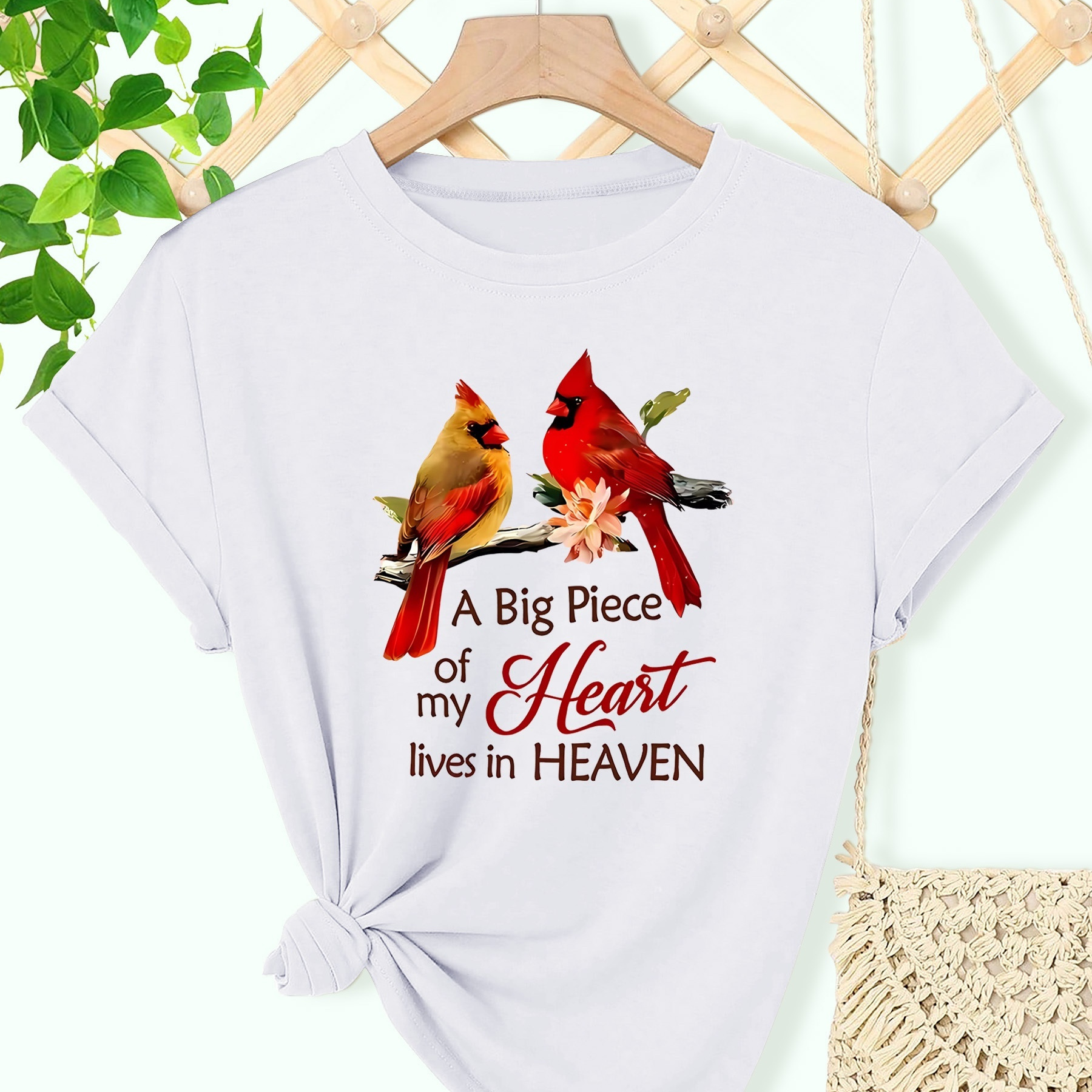 

Women's White T-shirt With Print, "a Big Piece Of My Heart Lives In Heaven" Quote, Summer Casual Round Neck Short Sleeve Top