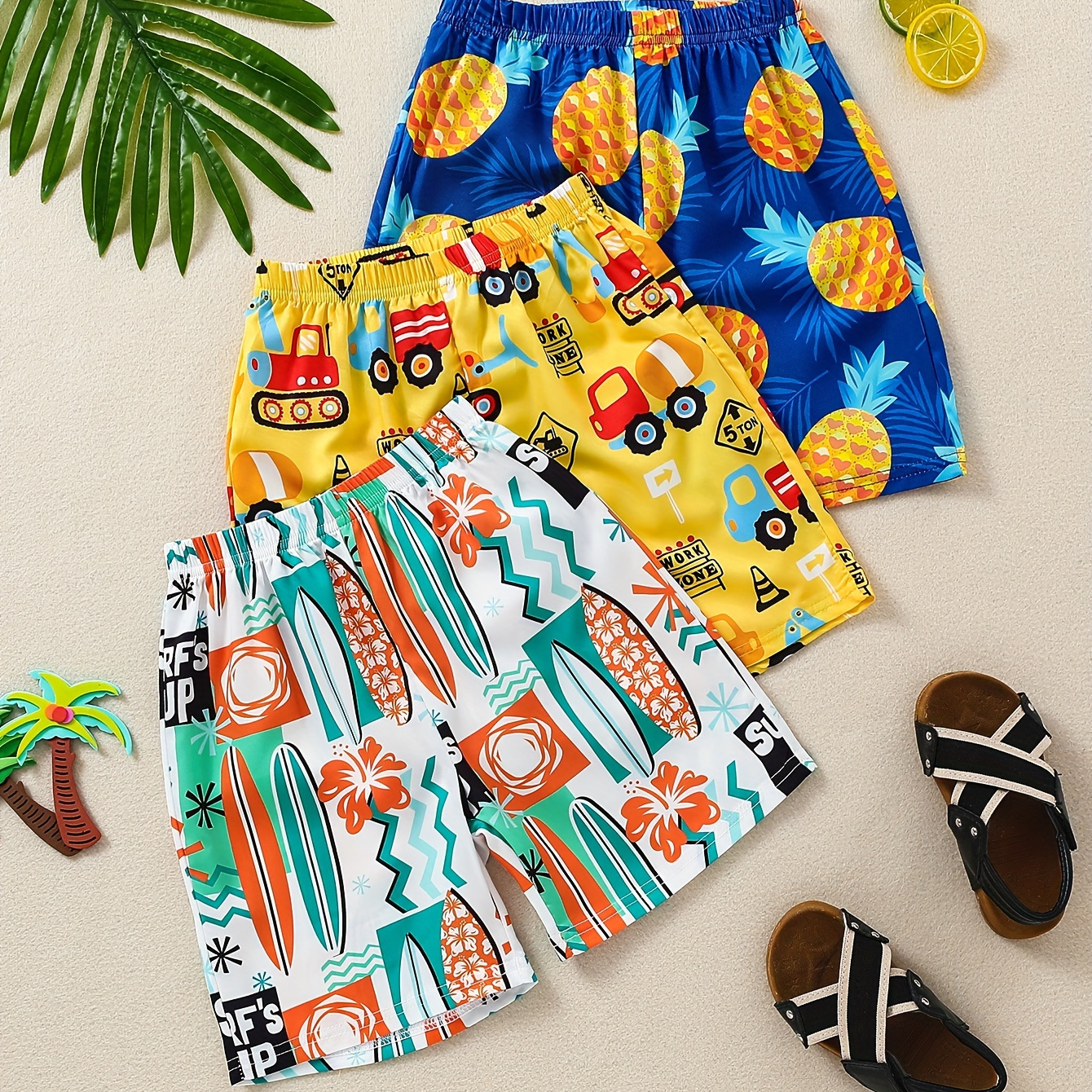 

3 Pairs Of Boys' Swimming Pants, Elastic Waist, Beach Pants, Cartoon Surfboard Excavator, Tropical Fruit Swimming Shorts, Comfortable Children's Clothing, Beach Vacation, Summer Vacation