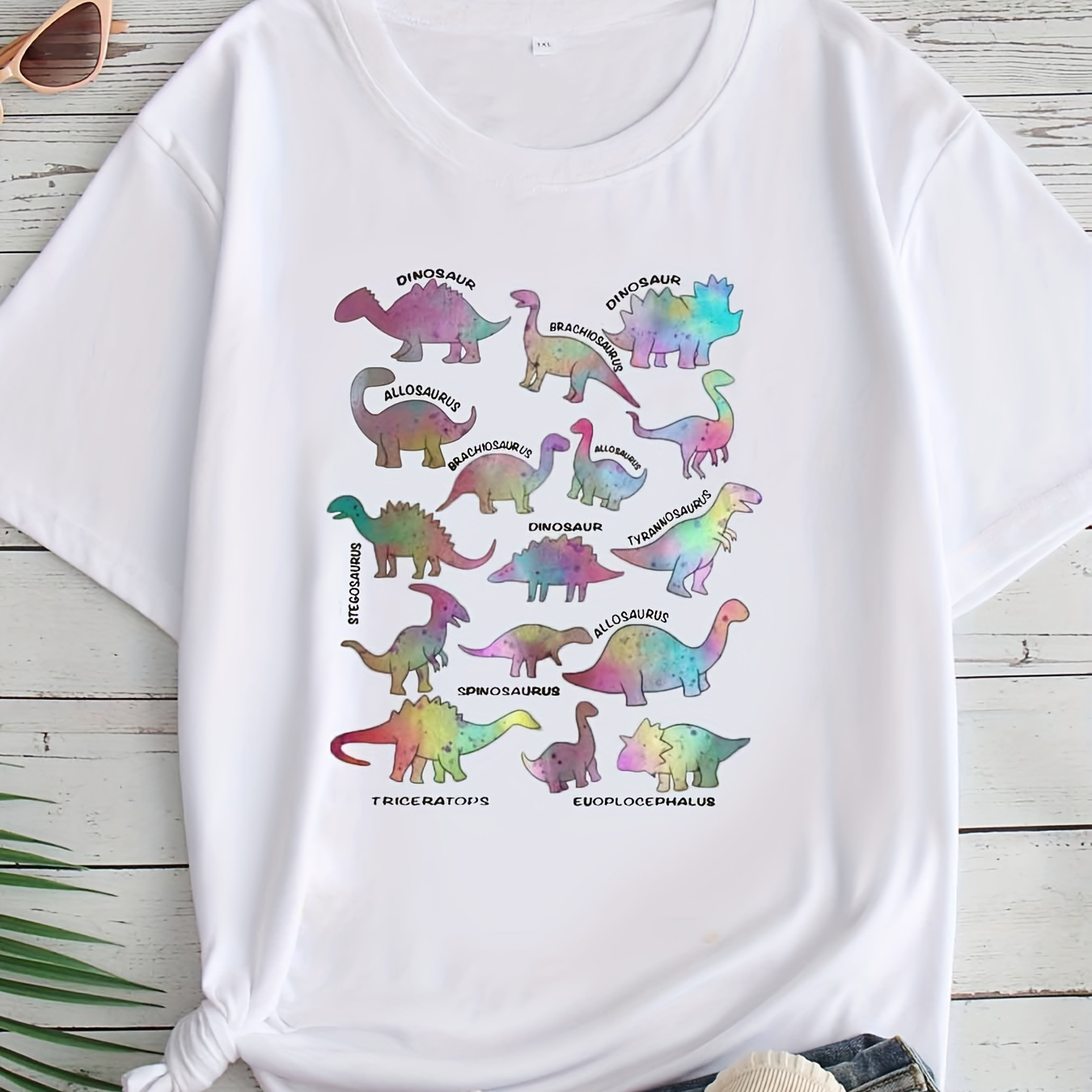 

1pc Women's Plus Size T-shirt, Casual Crew Neck, 100% Polyester Knit Fabric With Stretch, Alphabet Dinosaur Print Short Sleeve Tee, All - 1-8xl