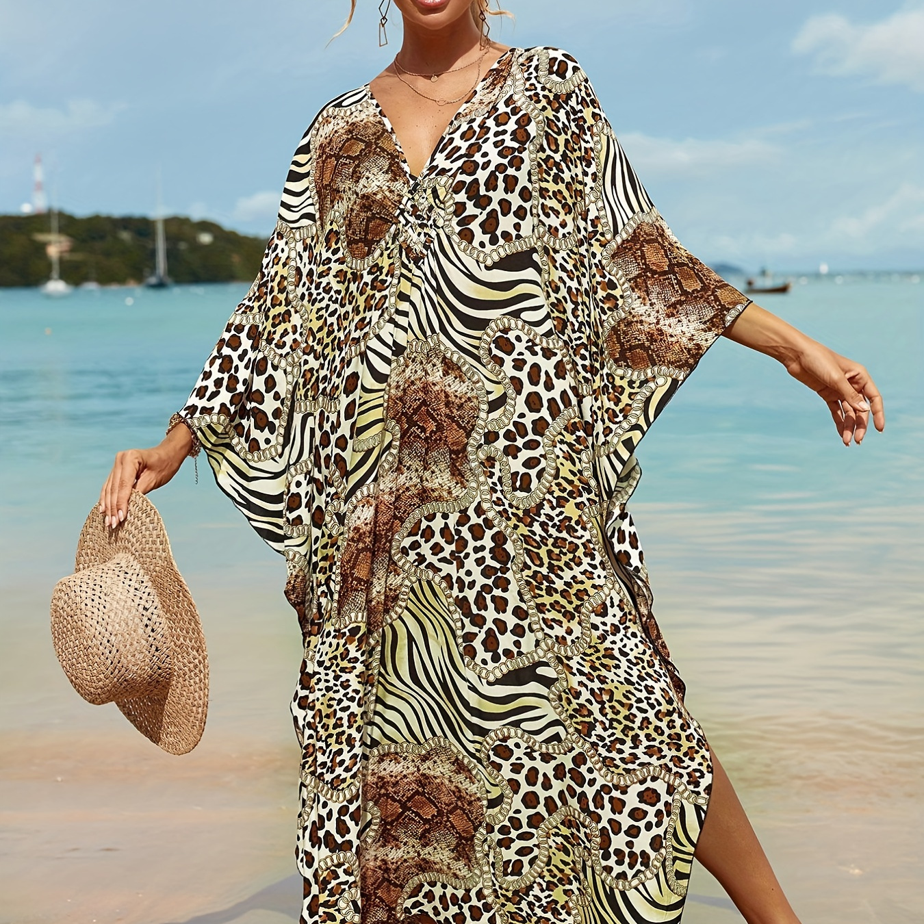 

Plus Size Boho Cover Up, Women's Plus Leopard & Tiger Print V Neck Flowy Cover Up Dress