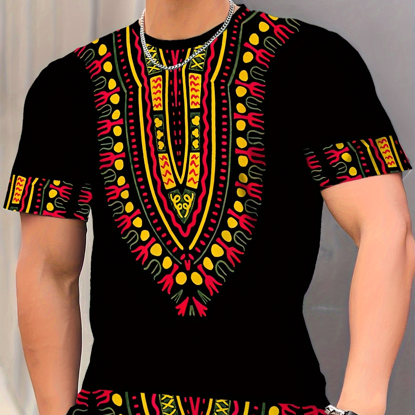 

Men's Tribal Print T-shirt, 3d Digital Pattern, Casual Crew Neck Short Sleeve Tee, Summer Knit Fabric Top, Regular Fit, 100% Polyester, Stretch, 105gsm - Fashionable