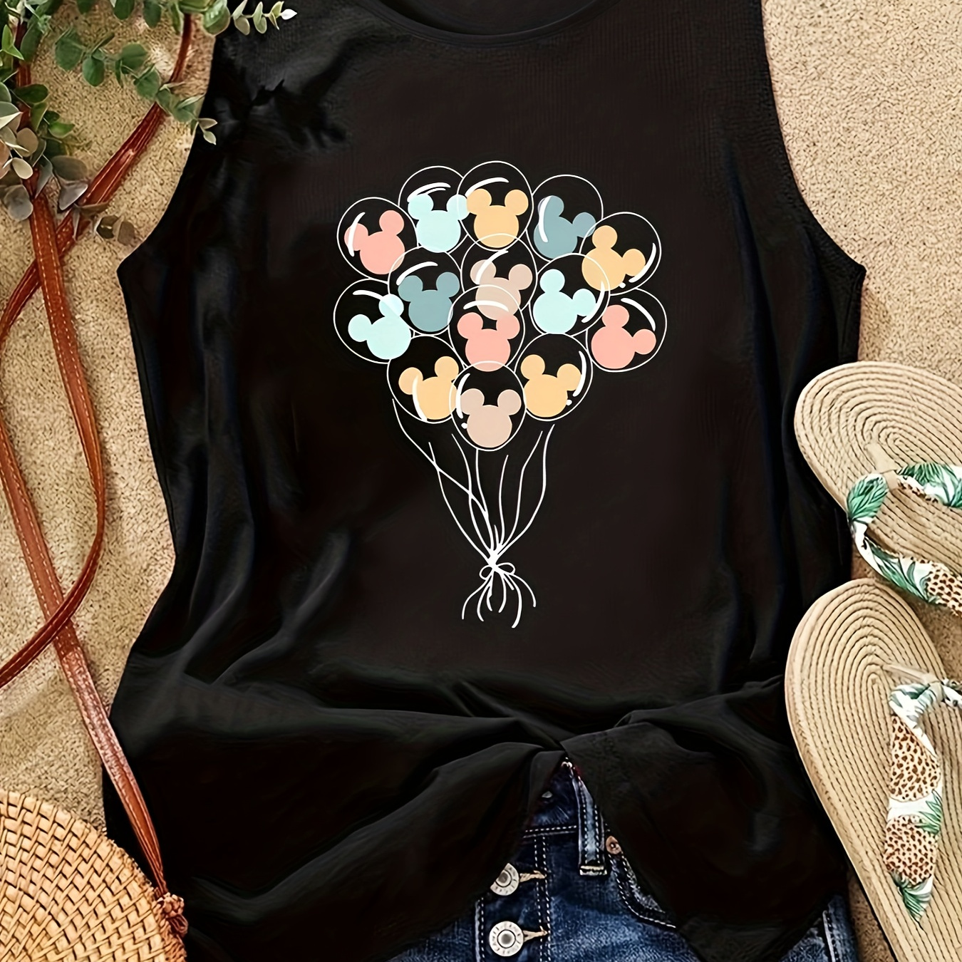 

Women's Round Neck Tank Top, Cartoon Mouse Balloon Print, Casual Streetwear, Breathable & Comfort Athletic Wear